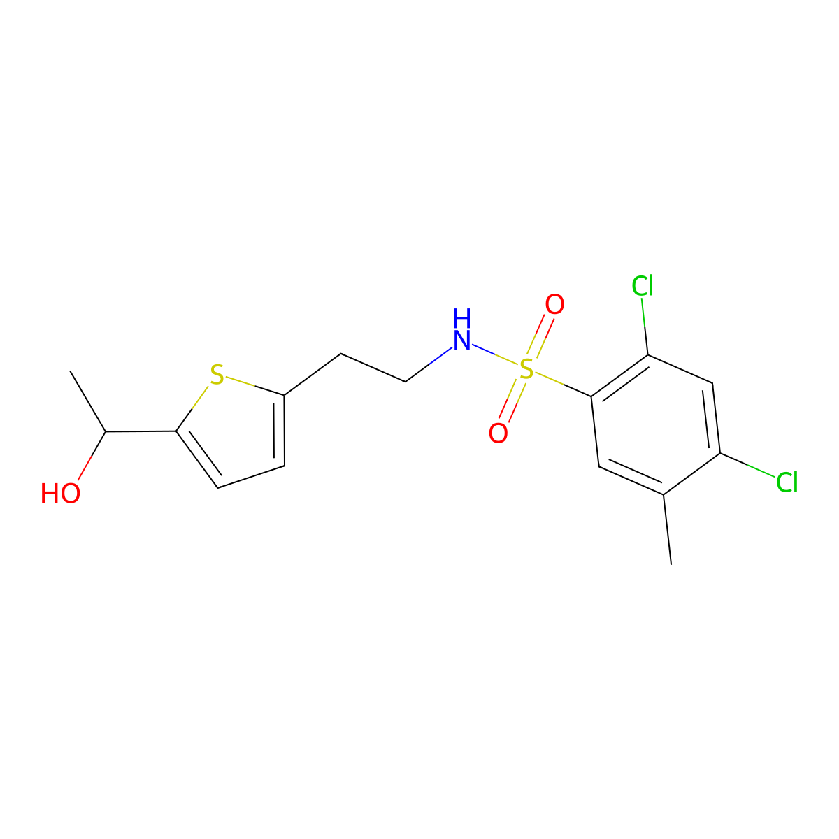 2,4-dichloro-N-(2-(5-(1-hydroxyethyl)thiophen-2-yl)ethyl)-5-methylbenzenesulfonamide molecular structure, CAS 2034404-80-1