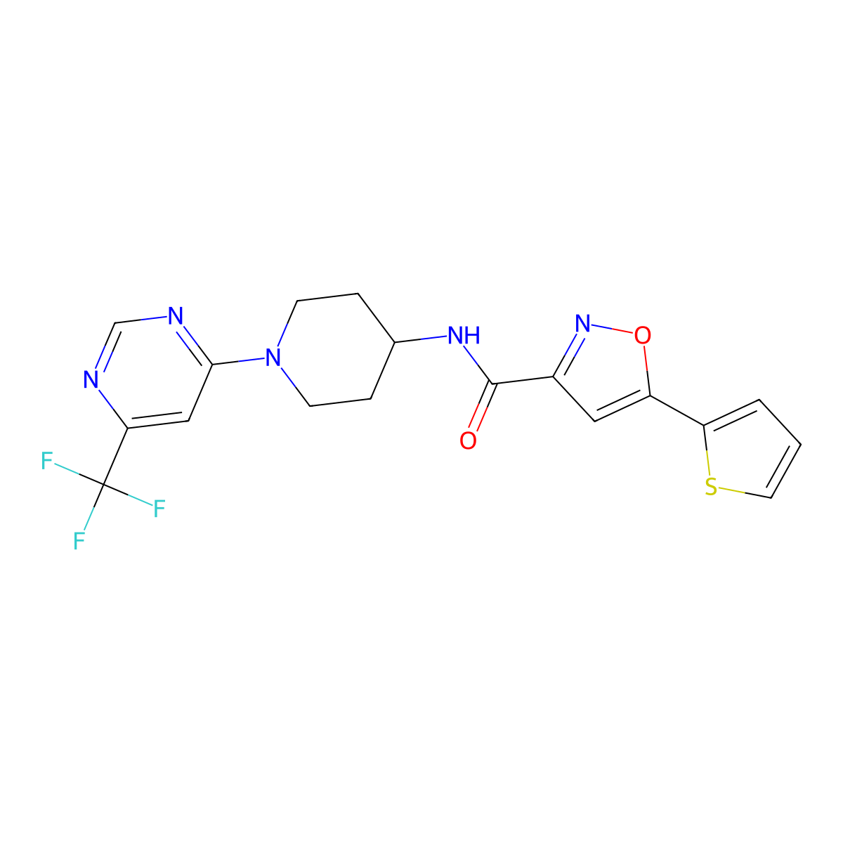 5-(thiophen-2-yl)-N-(1-(6-(trifluoromethyl)pyrimidin-4-yl)piperidin-4-yl)isoxazole-3-carboxamide molecular structure, CAS 2034404-99-2