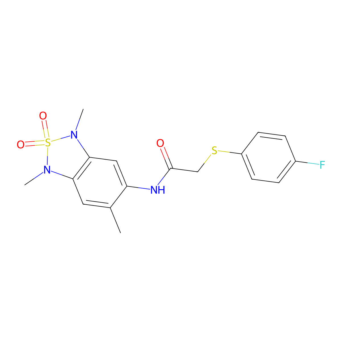 2-((4-fluorophenyl)thio)-N-(1,3,6-trimethyl-2,2-dioxido-1,3-dihydrobenzo[c][1,2,5]thiadiazol-5-yl)acetamide molecular structure, CAS 2034405-25-7