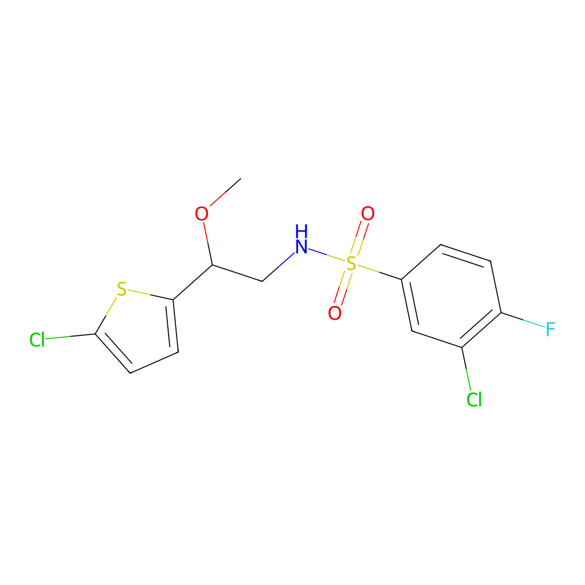 3-chloro-N-(2-(5-chlorothiophen-2-yl)-2-methoxyethyl)-4-fluorobenzenesulfonamide molecular structure, CAS 2034405-29-1
