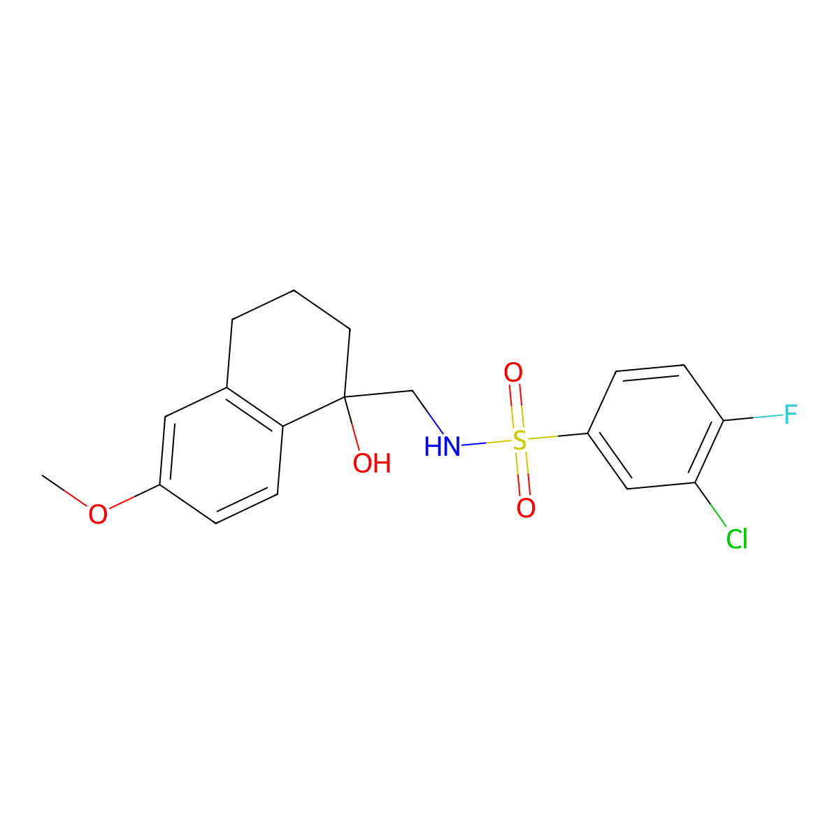 3-chloro-4-fluoro-N-((1-hydroxy-6-methoxy-1,2,3,4-tetrahydronaphthalen-1-yl)methyl)benzenesulfonamide molecular structure, CAS 2034405-44-0