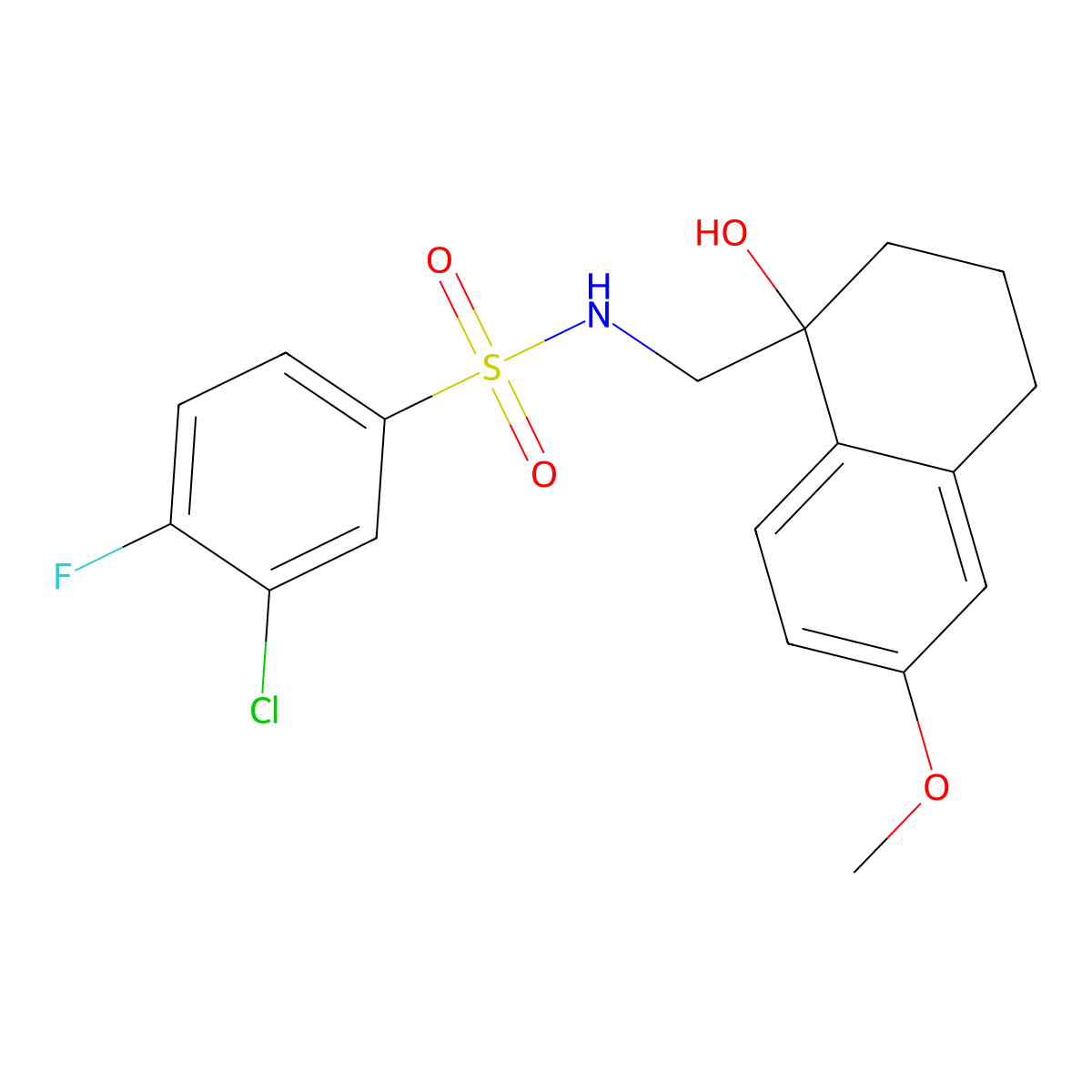 3-chloro-4-fluoro-N-((1-hydroxy-6-methoxy-1,2,3,4-tetrahydronaphthalen-1-yl)methyl)benzenesulfonamide molecular structure, CAS 2034405-44-0