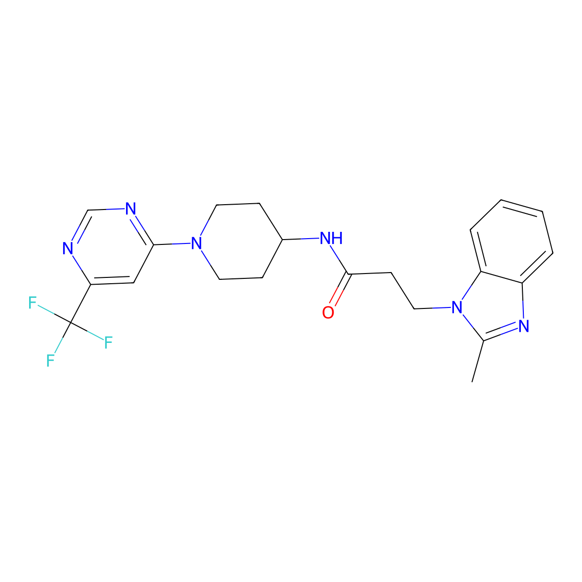 3-(2-methyl-1H-benzo[d]imidazol-1-yl)-N-(1-(6-(trifluoromethyl)pyrimidin-4-yl)piperidin-4-yl)propanamide molecular structure, CAS 2034405-47-3