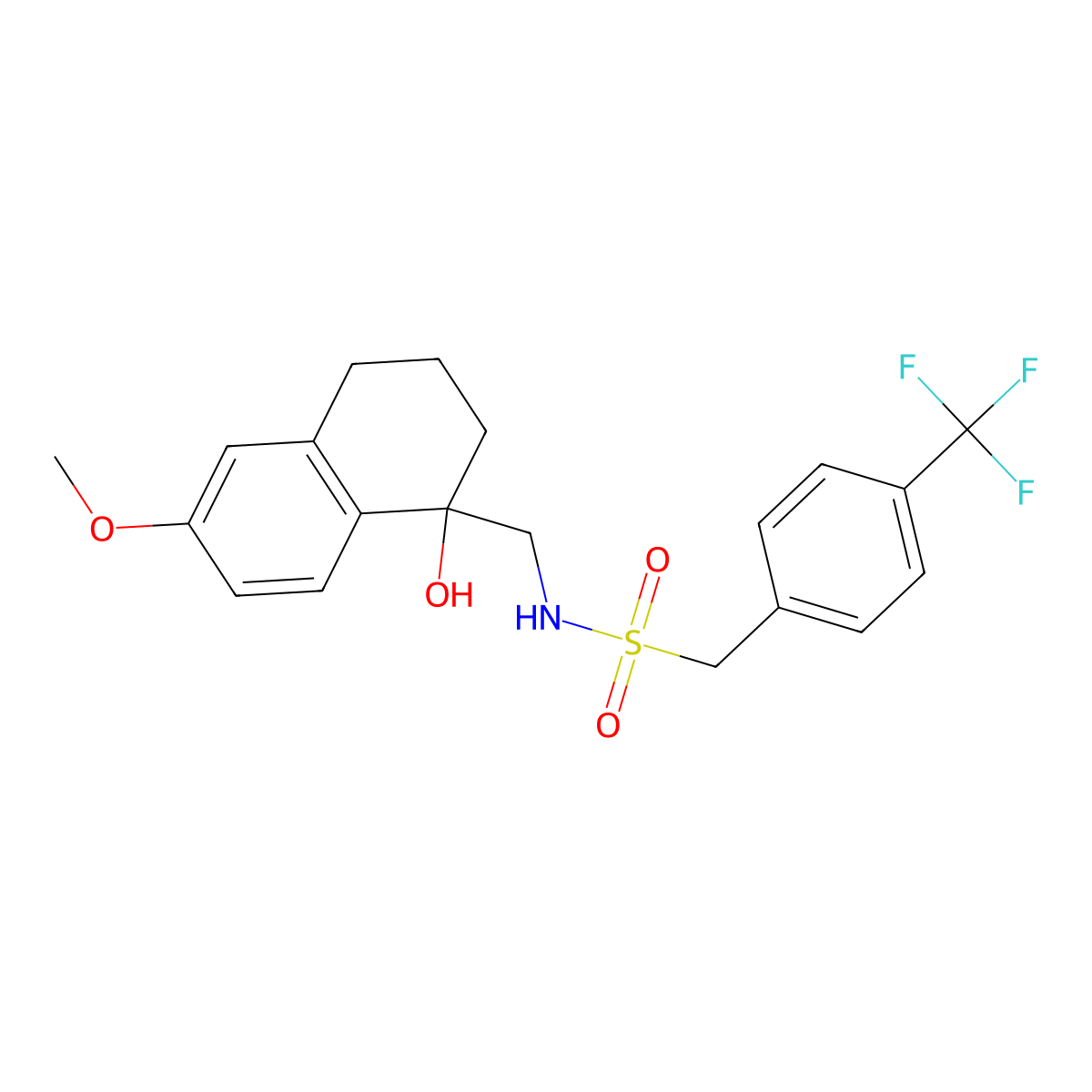 N-((1-hydroxy-6-methoxy-1,2,3,4-tetrahydronaphthalen-1-yl)methyl)-1-(4-(trifluoromethyl)phenyl)methanesulfonamide molecular structure, CAS 2034405-49-5