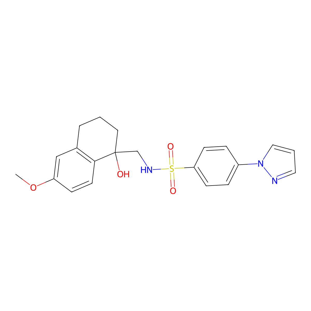 N-((1-hydroxy-6-methoxy-1,2,3,4-tetrahydronaphthalen-1-yl)methyl)-4-(1H-pyrazol-1-yl)benzenesulfonamide molecular structure, CAS 2034405-59-7