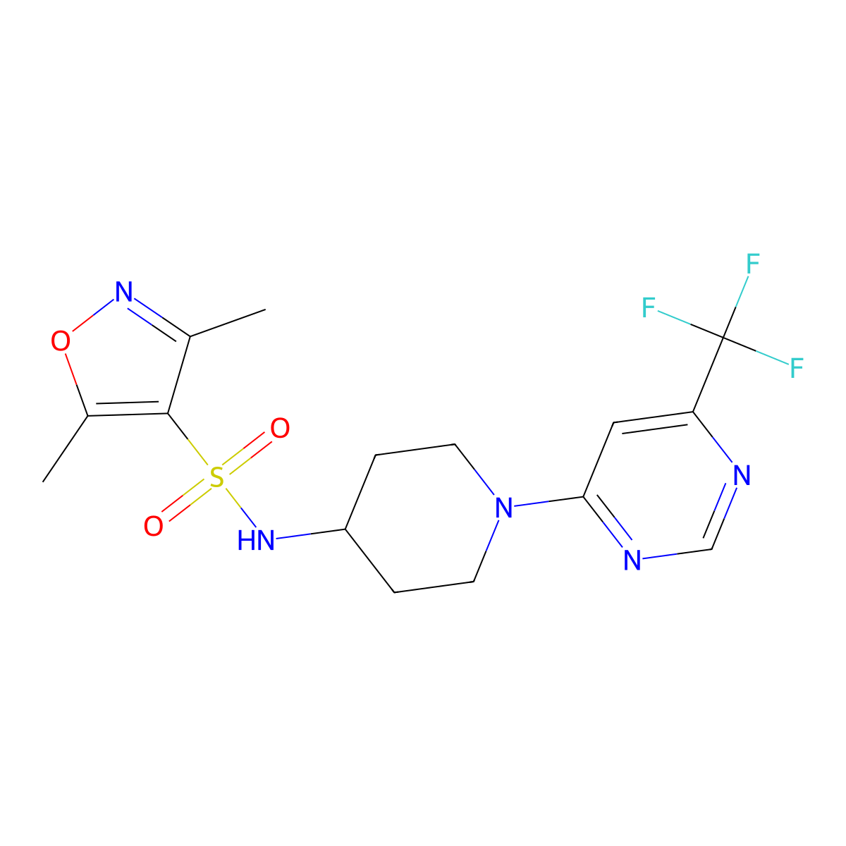 3,5-dimethyl-N-(1-(6-(trifluoromethyl)pyrimidin-4-yl)piperidin-4-yl)isoxazole-4-sulfonamide molecular structure, CAS 2034405-62-2