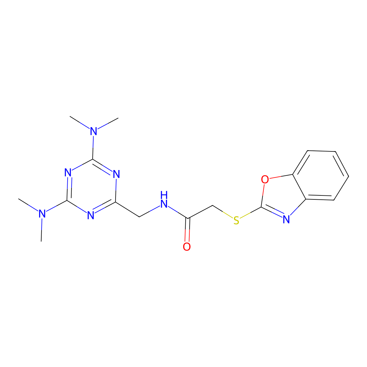 2-(benzo[d]oxazol-2-ylthio)-N-((4,6-bis(dimethylamino)-1,3,5-triazin-2-yl)methyl)acetamide molecular structure, CAS 2034405-73-5