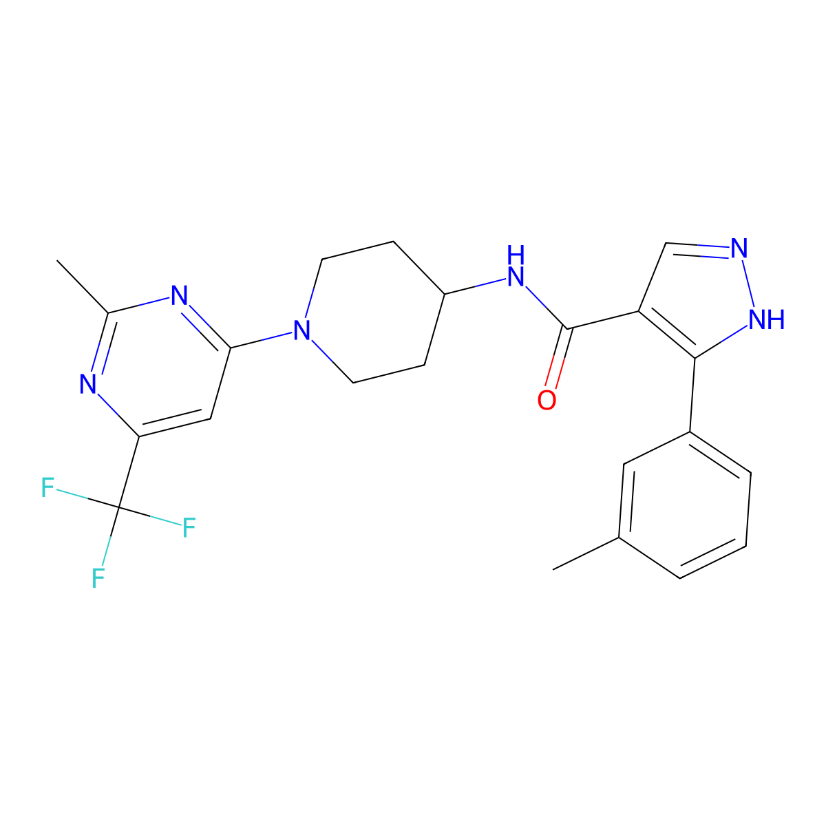N-(1-(2-methyl-6-(trifluoromethyl)pyrimidin-4-yl)piperidin-4-yl)-3-(m-tolyl)-1H-pyrazole-4-carboxamide molecular structure, CAS 2034405-80-4