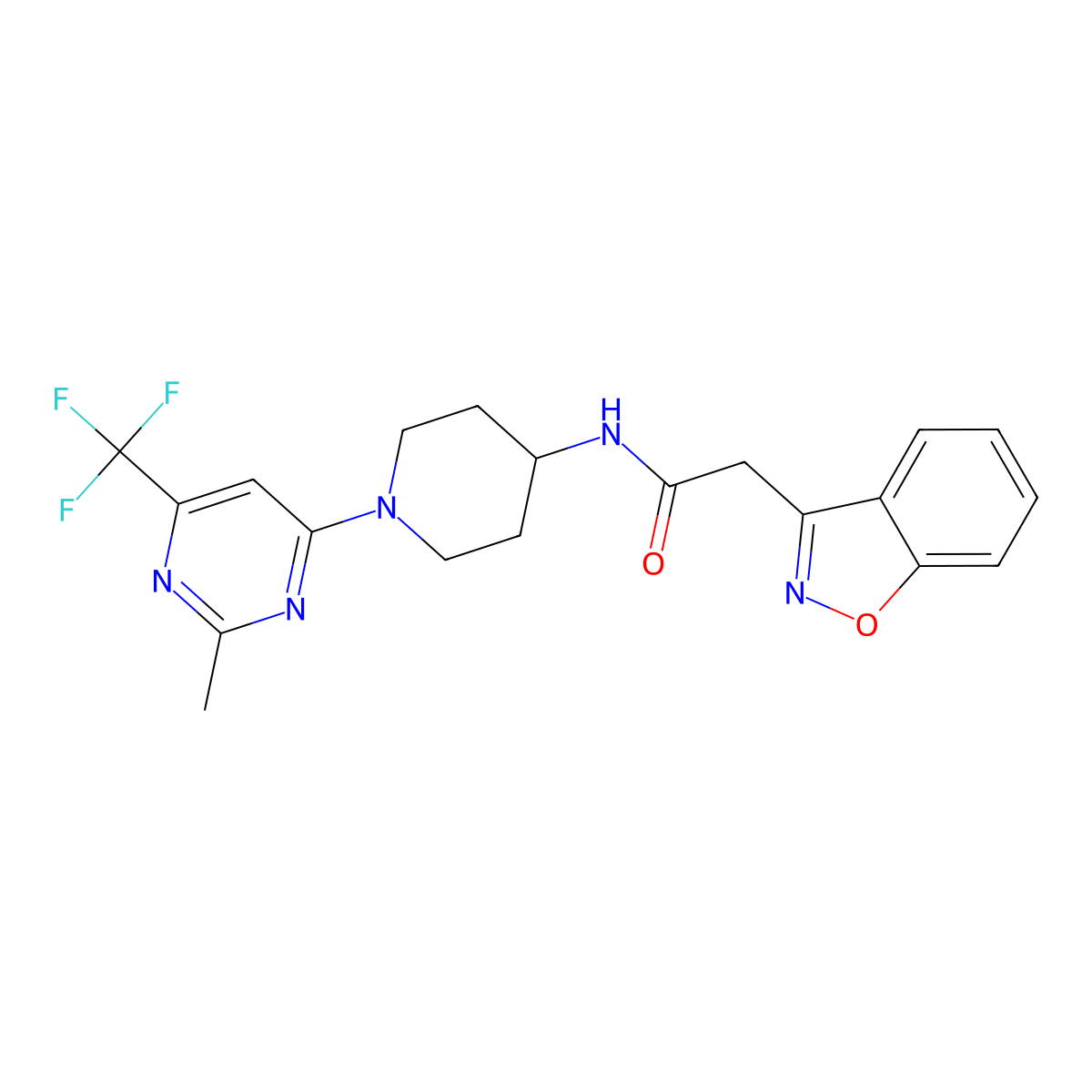 2-(benzo[d]isoxazol-3-yl)-N-(1-(2-methyl-6-(trifluoromethyl)pyrimidin-4-yl)piperidin-4-yl)acetamide molecular structure, CAS 2034405-92-8