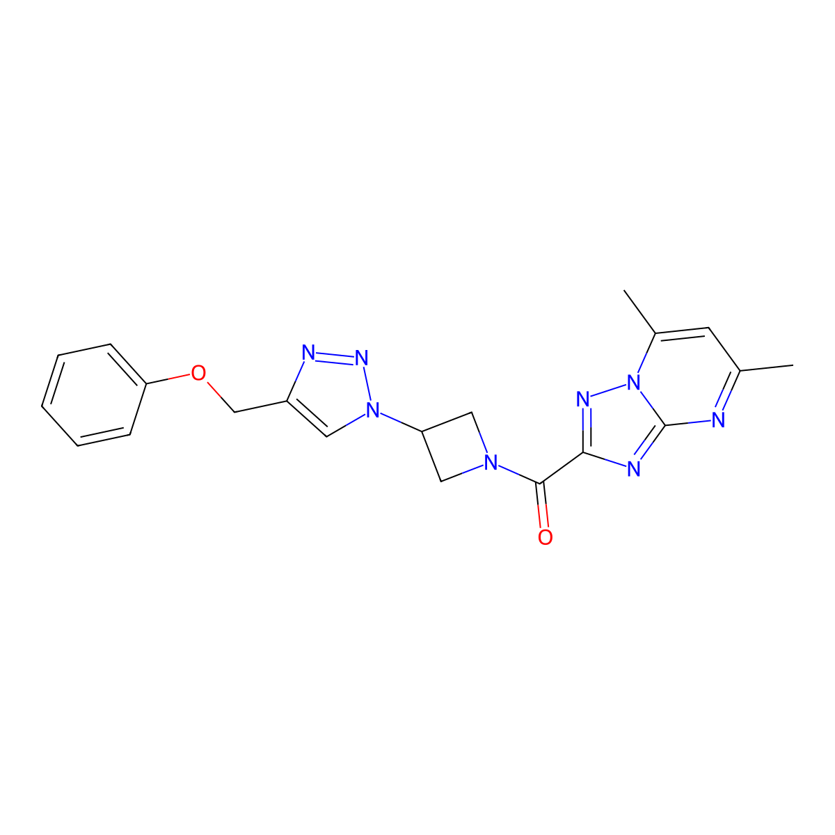 (5,7-dimethyl-[1,2,4]triazolo[1,5-a]pyrimidin-2-yl)(3-(4-(phenoxymethyl)-1H-1,2,3-triazol-1-yl)azetidin-1-yl)methanone molecular structure, CAS 2034406-02-3