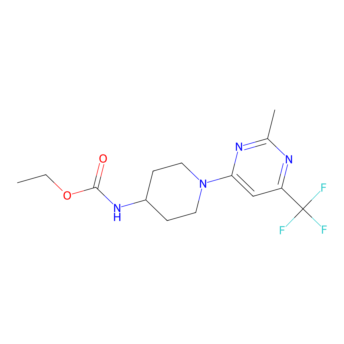 Ethyl (1-(2-methyl-6-(trifluoromethyl)pyrimidin-4-yl)piperidin-4-yl)carbamate molecular structure, CAS 2034406-04-5