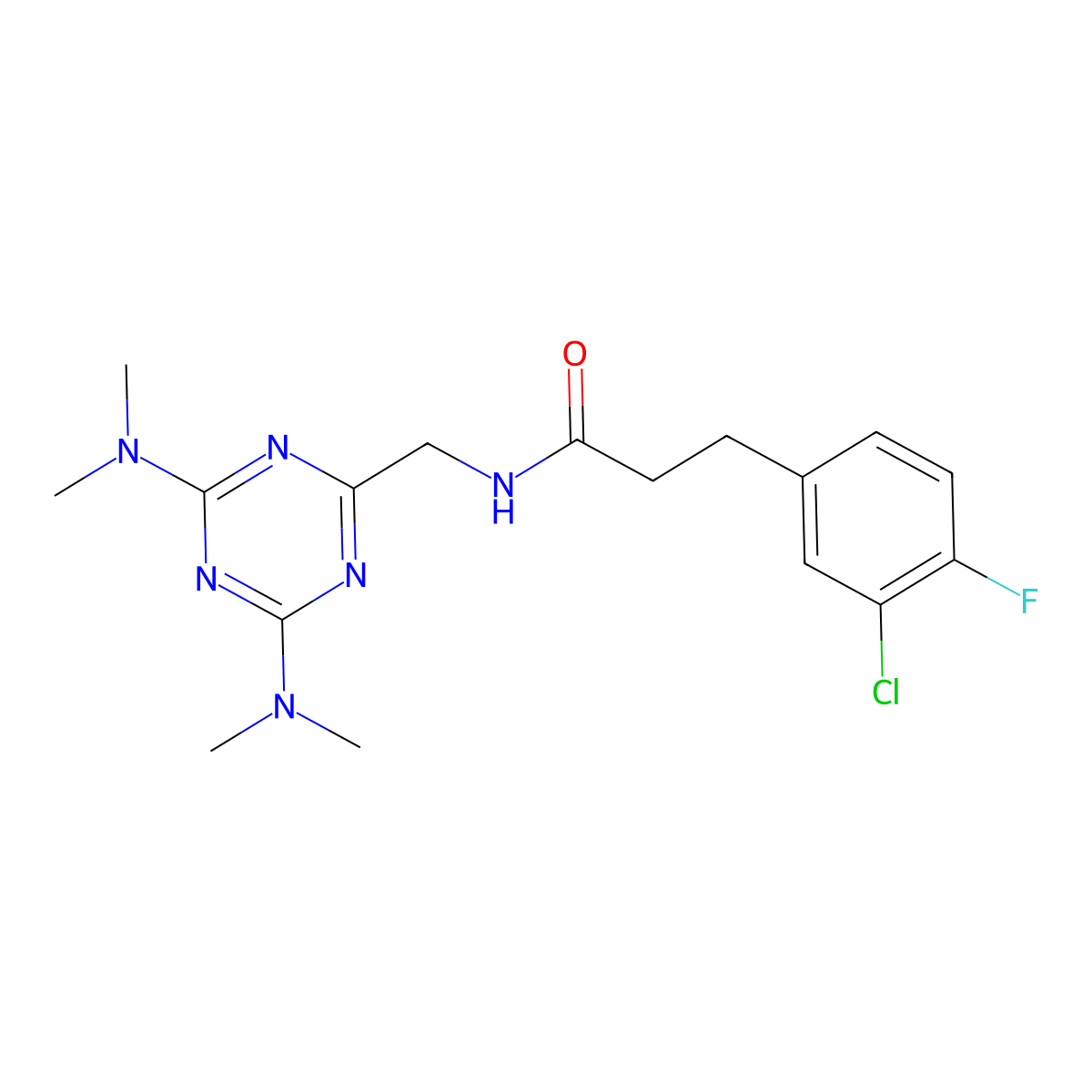 N-((4,6-bis(dimethylamino)-1,3,5-triazin-2-yl)methyl)-3-(3-chloro-4-fluorophenyl)propanamide molecular structure, CAS 2034406-10-3