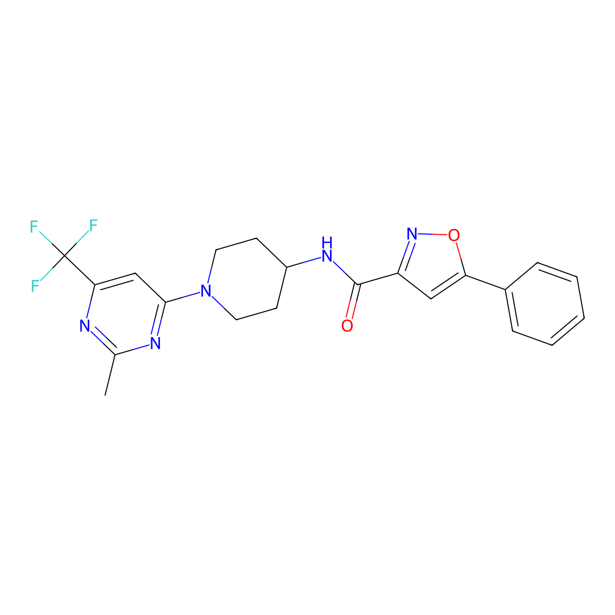 N-(1-(2-methyl-6-(trifluoromethyl)pyrimidin-4-yl)piperidin-4-yl)-5-phenylisoxazole-3-carboxamide molecular structure, CAS 2034406-12-5
