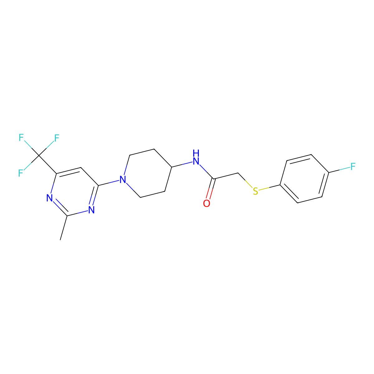 2-((4-fluorophenyl)thio)-N-(1-(2-methyl-6-(trifluoromethyl)pyrimidin-4-yl)piperidin-4-yl)acetamide molecular structure, CAS 2034406-22-7