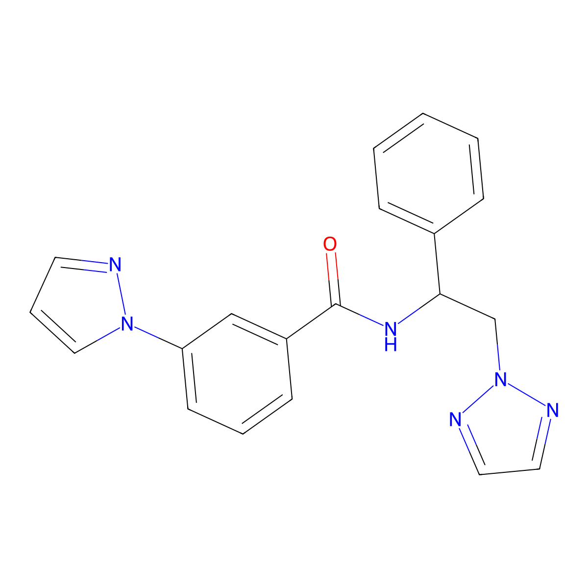 N-[1-phenyl-2-(2H-1,2,3-triazol-2-yl)ethyl]-3-(1H-pyrazol-1-yl)benzamide molecular structure, CAS 2034406-35-2