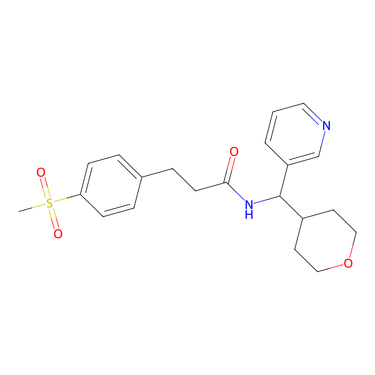 3-(4-(methylsulfonyl)phenyl)-N-(pyridin-3-yl(tetrahydro-2H-pyran-4-yl)methyl)propanamide molecular structure, CAS 2034406-38-5