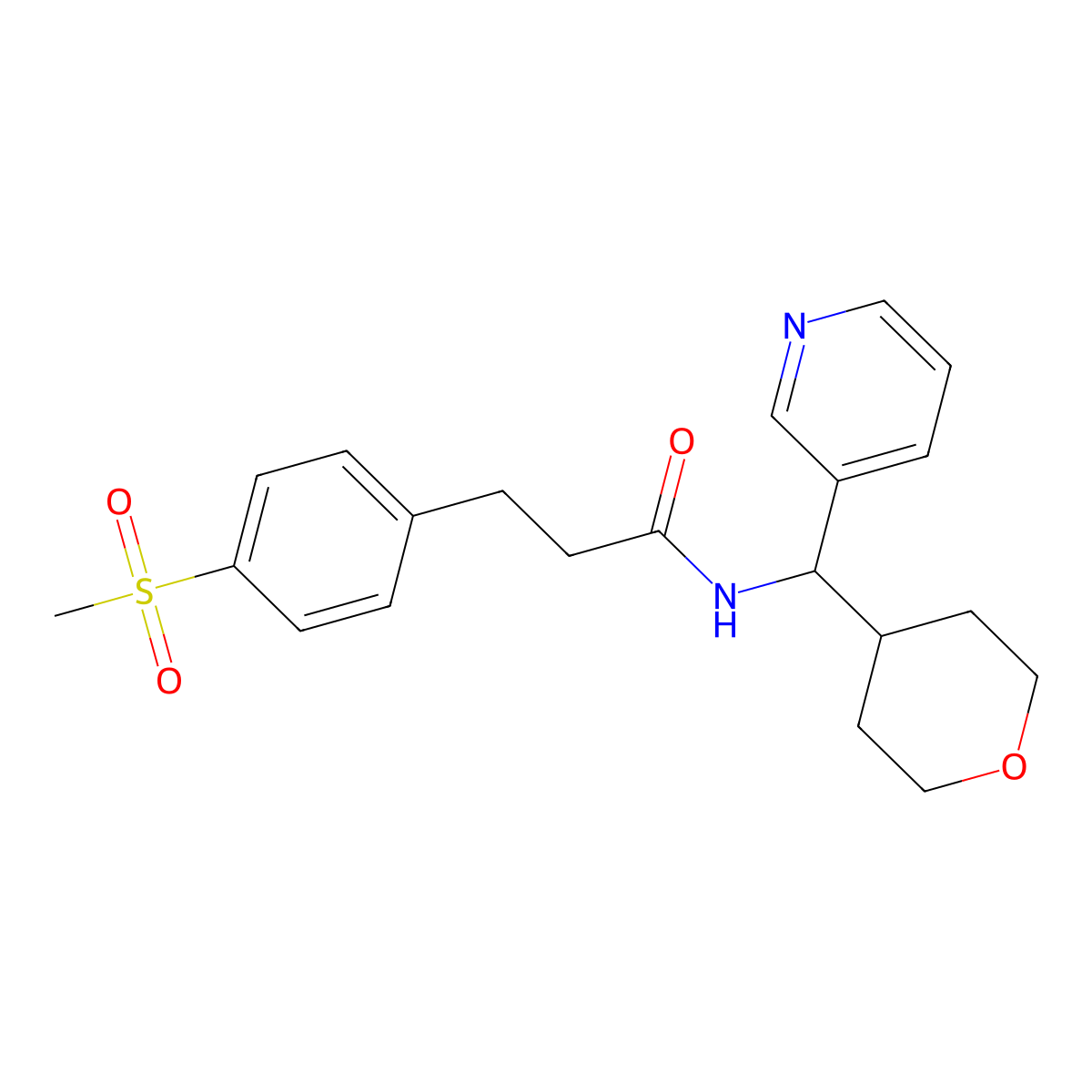 3-(4-(methylsulfonyl)phenyl)-N-(pyridin-3-yl(tetrahydro-2H-pyran-4-yl)methyl)propanamide molecular structure, CAS 2034406-38-5