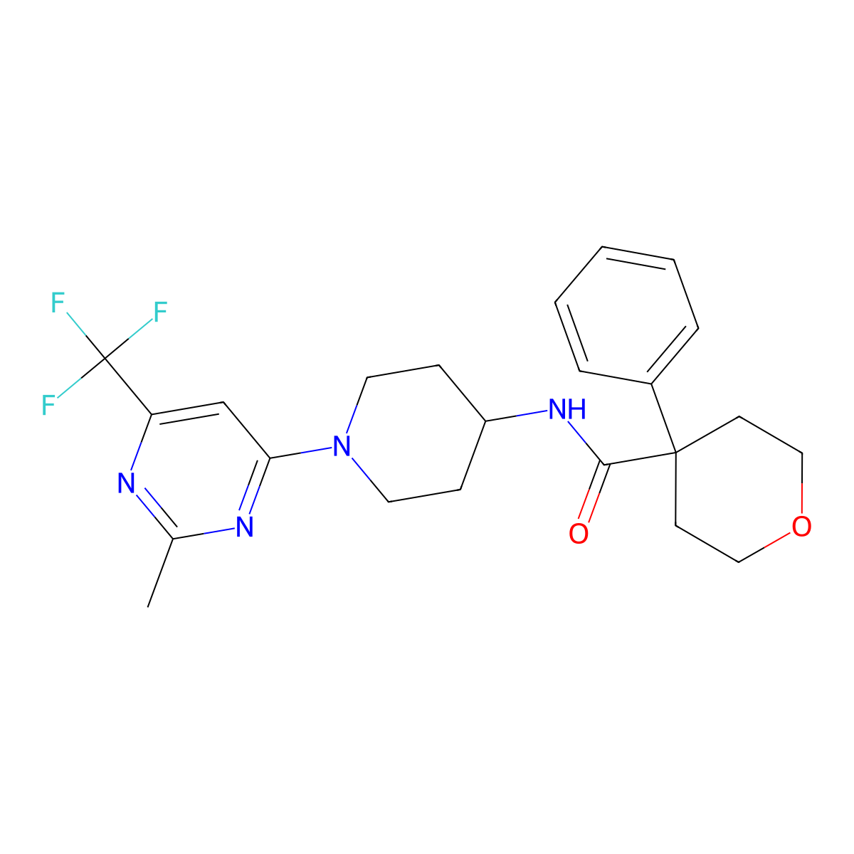 N-(1-(2-methyl-6-(trifluoromethyl)pyrimidin-4-yl)piperidin-4-yl)-4-phenyltetrahydro-2H-pyran-4-carboxamide molecular structure, CAS 2034406-41-0