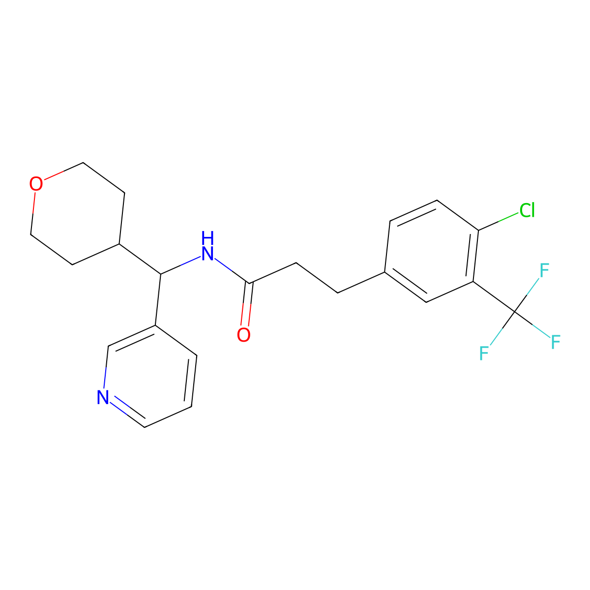 3-(4-chloro-3-(trifluoromethyl)phenyl)-N-(pyridin-3-yl(tetrahydro-2H-pyran-4-yl)methyl)propanamide molecular structure, CAS 2034406-44-3