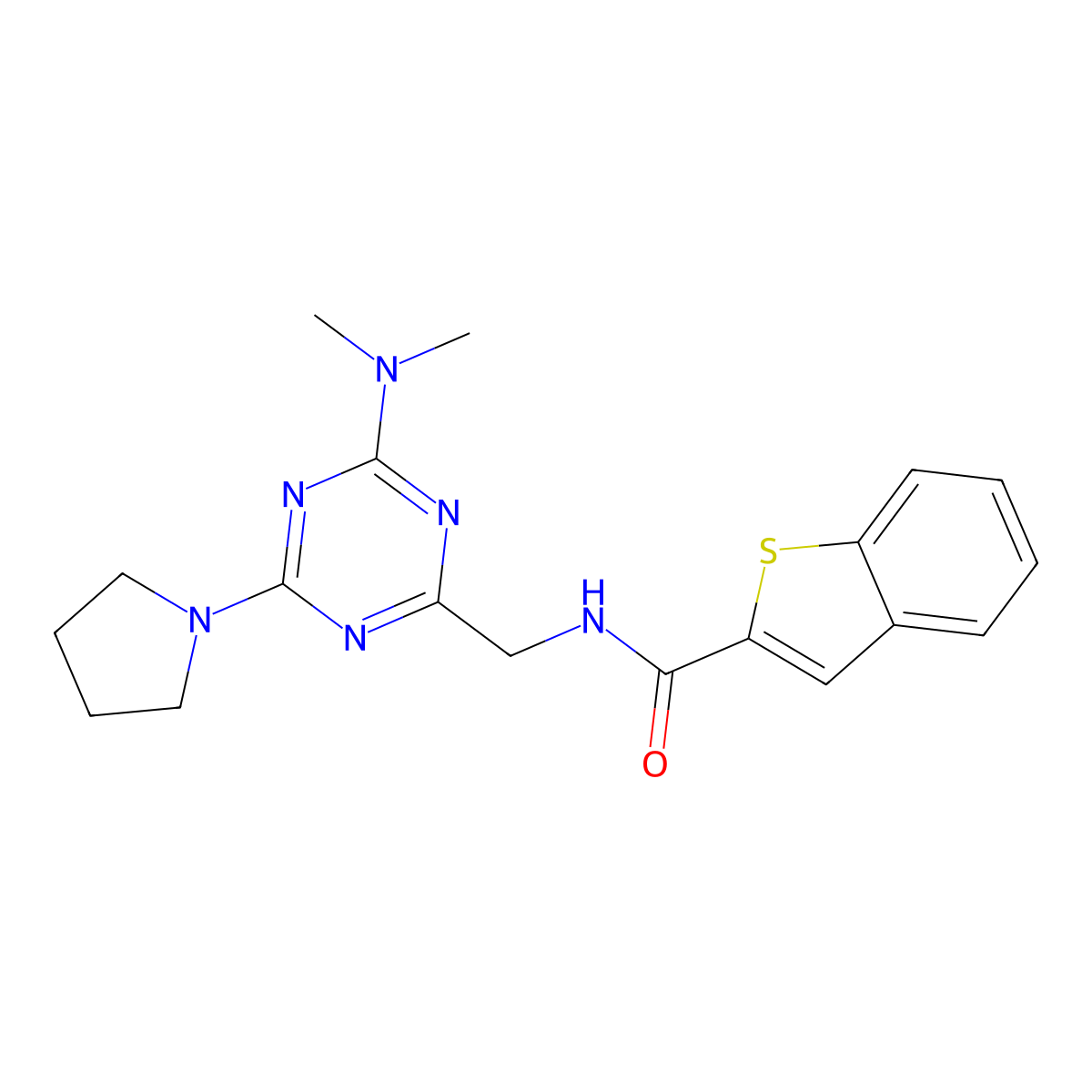 N-((4-(dimethylamino)-6-(pyrrolidin-1-yl)-1,3,5-triazin-2-yl)methyl)benzo[b]thiophene-2-carboxamide molecular structure, CAS 2034406-59-0