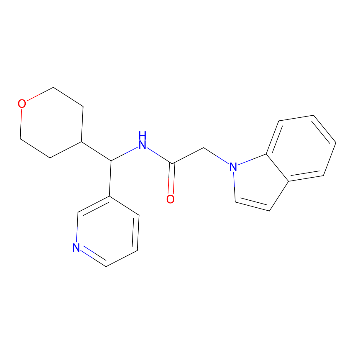 2-(1H-indol-1-yl)-N-(pyridin-3-yl(tetrahydro-2H-pyran-4-yl)methyl)acetamide molecular structure, CAS 2034406-67-0