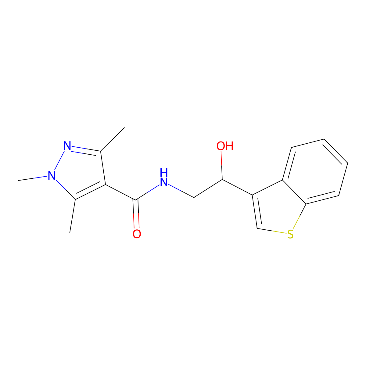 N-(2-(benzo[b]thiophen-3-yl)-2-hydroxyethyl)-1,3,5-trimethyl-1H-pyrazole-4-carboxamide molecular structure, CAS 2034406-68-1