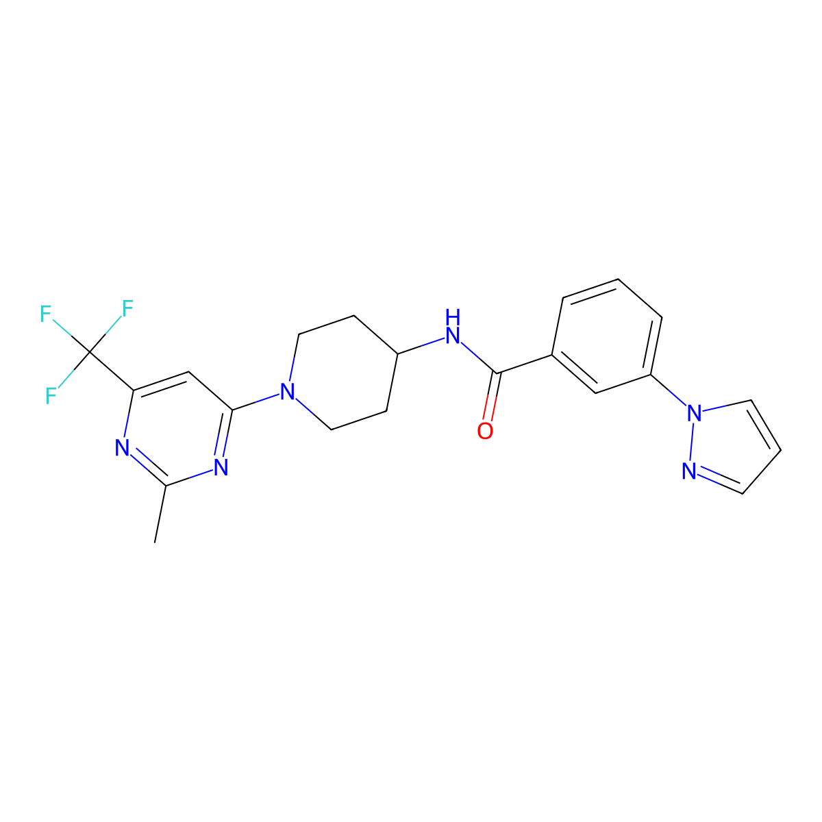 N-{1-[2-methyl-6-(trifluoromethyl)pyrimidin-4-yl]piperidin-4-yl}-3-(1H-pyrazol-1-yl)benzamide molecular structure, CAS 2034406-70-5