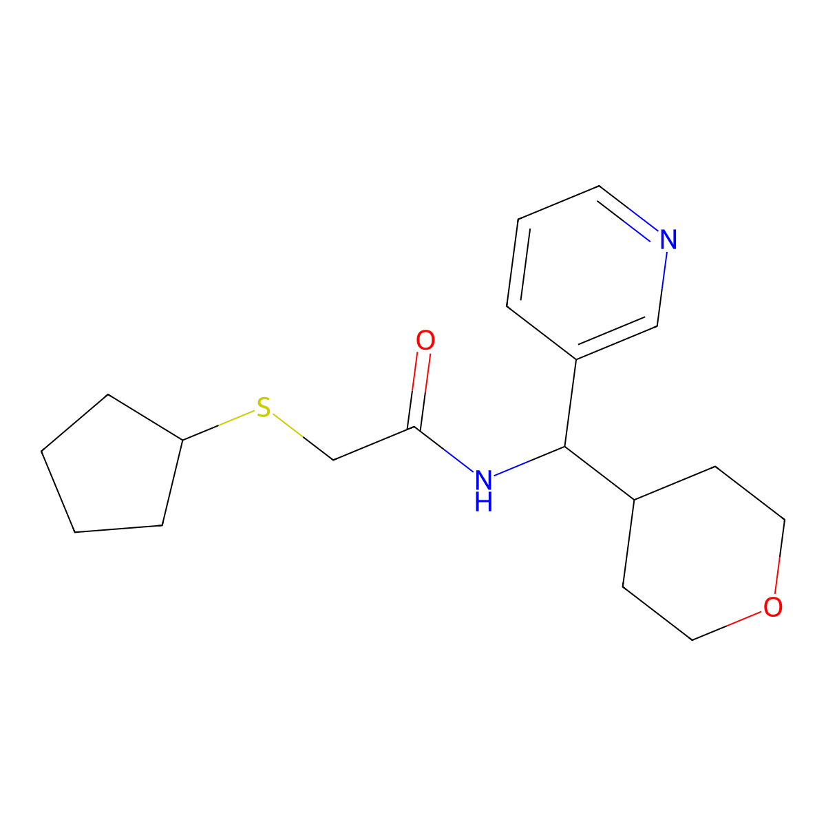 2-(cyclopentylthio)-N-(pyridin-3-yl(tetrahydro-2H-pyran-4-yl)methyl)acetamide molecular structure, CAS 2034406-74-9