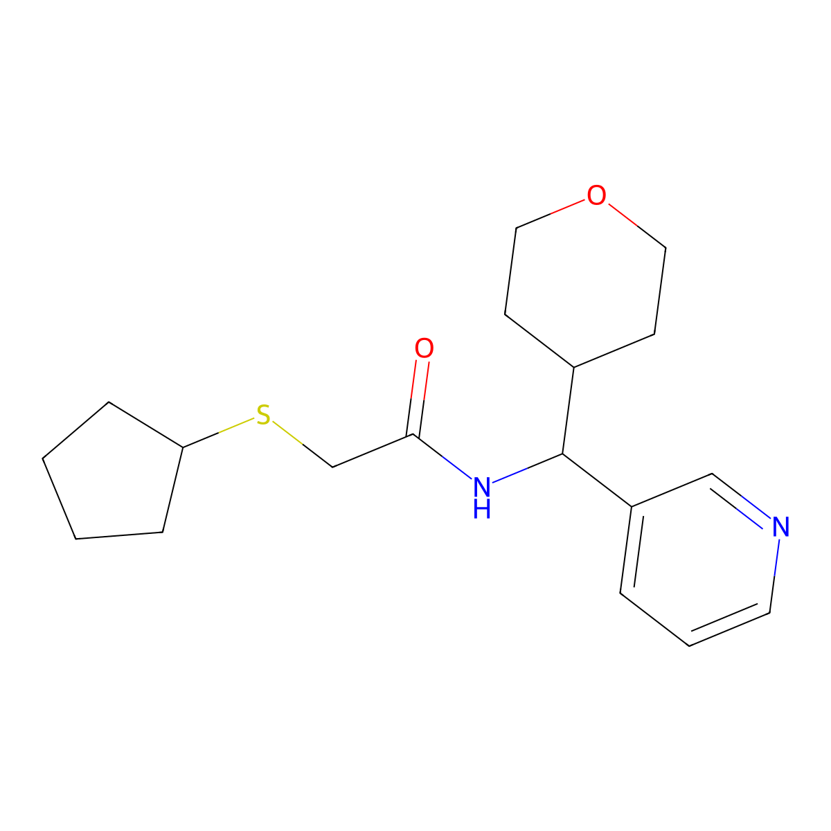 2-(cyclopentylthio)-N-(pyridin-3-yl(tetrahydro-2H-pyran-4-yl)methyl)acetamide molecular structure, CAS 2034406-74-9