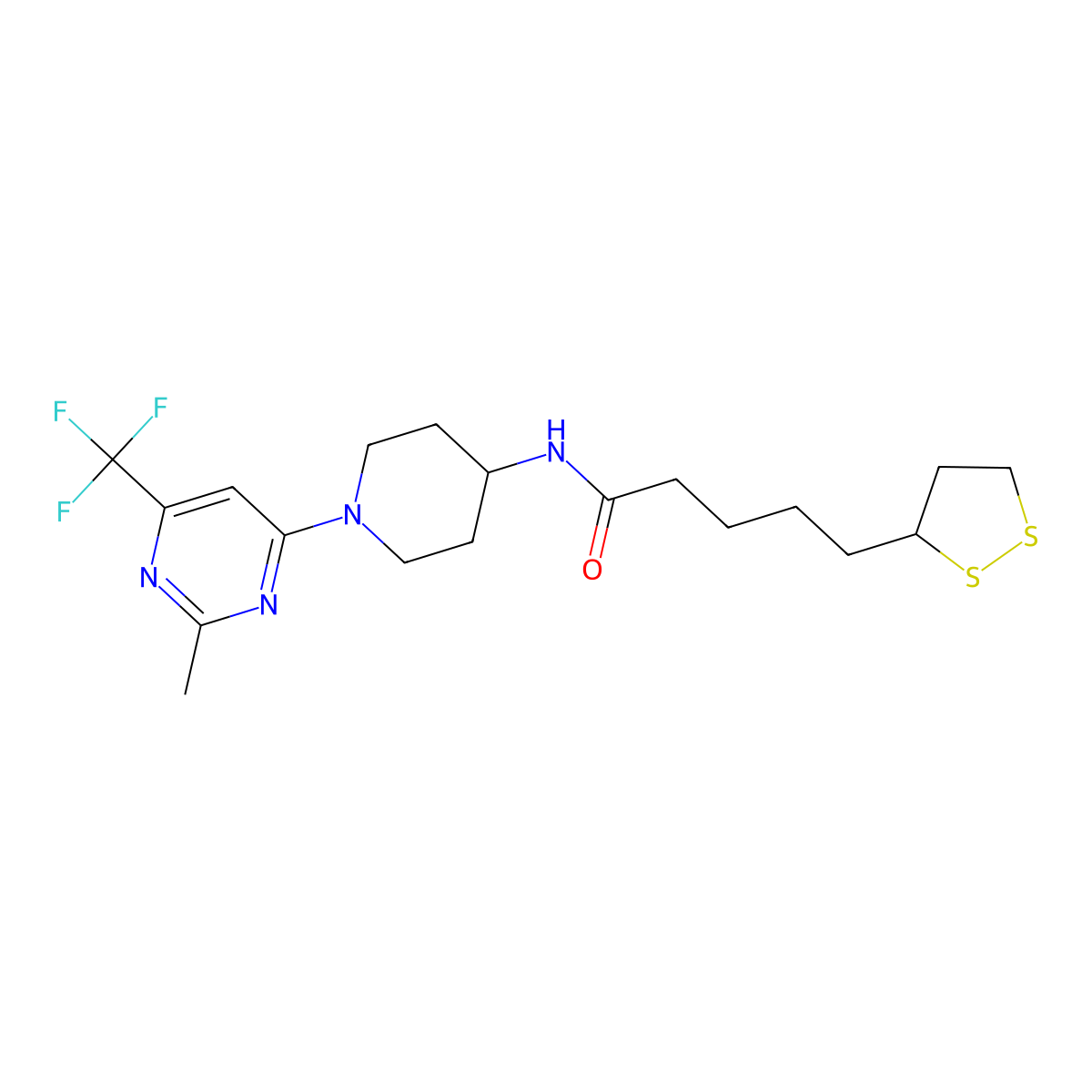 5-(1,2-dithiolan-3-yl)-N-(1-(2-methyl-6-(trifluoromethyl)pyrimidin-4-yl)piperidin-4-yl)pentanamide molecular structure, CAS 2034406-79-4