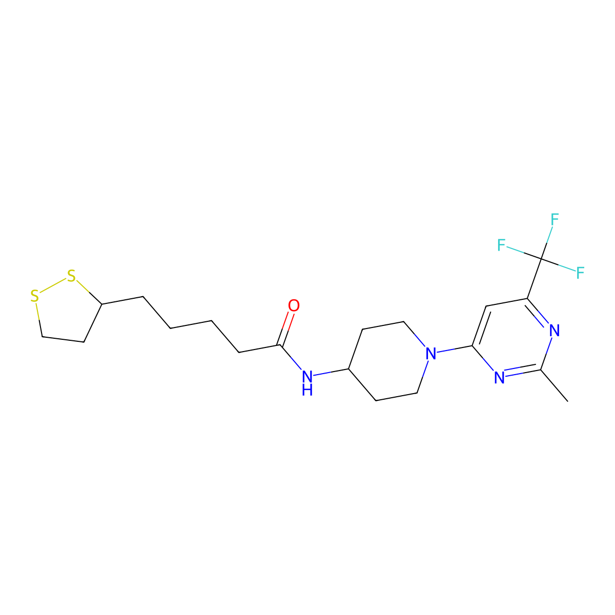 5-(1,2-dithiolan-3-yl)-N-(1-(2-methyl-6-(trifluoromethyl)pyrimidin-4-yl)piperidin-4-yl)pentanamide molecular structure, CAS 2034406-79-4