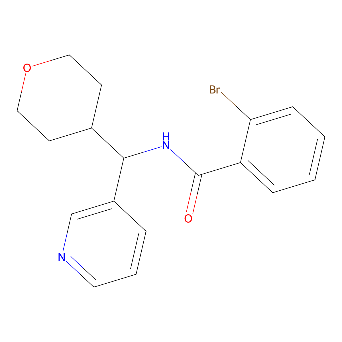 2-bromo-N-(pyridin-3-yl(tetrahydro-2H-pyran-4-yl)methyl)benzamide molecular structure, CAS 2034406-85-2