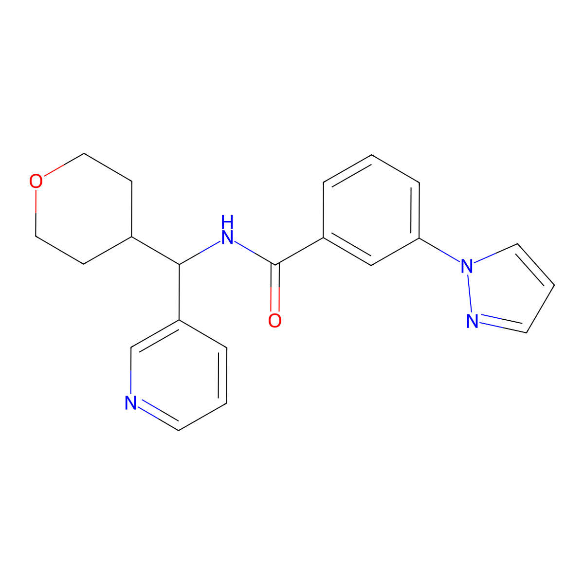 3-(1H-pyrazol-1-yl)-N-(pyridin-3-yl(tetrahydro-2H-pyran-4-yl)methyl)benzamide molecular structure, CAS 2034406-93-2