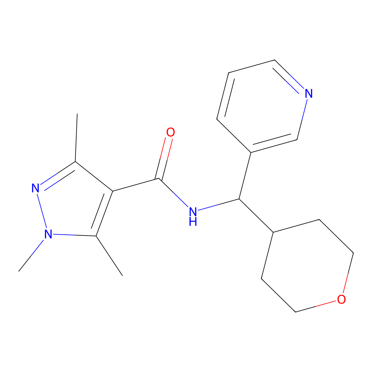 1,3,5-trimethyl-N-(pyridin-3-yl(tetrahydro-2H-pyran-4-yl)methyl)-1H-pyrazole-4-carboxamide molecular structure, CAS 2034406-97-6