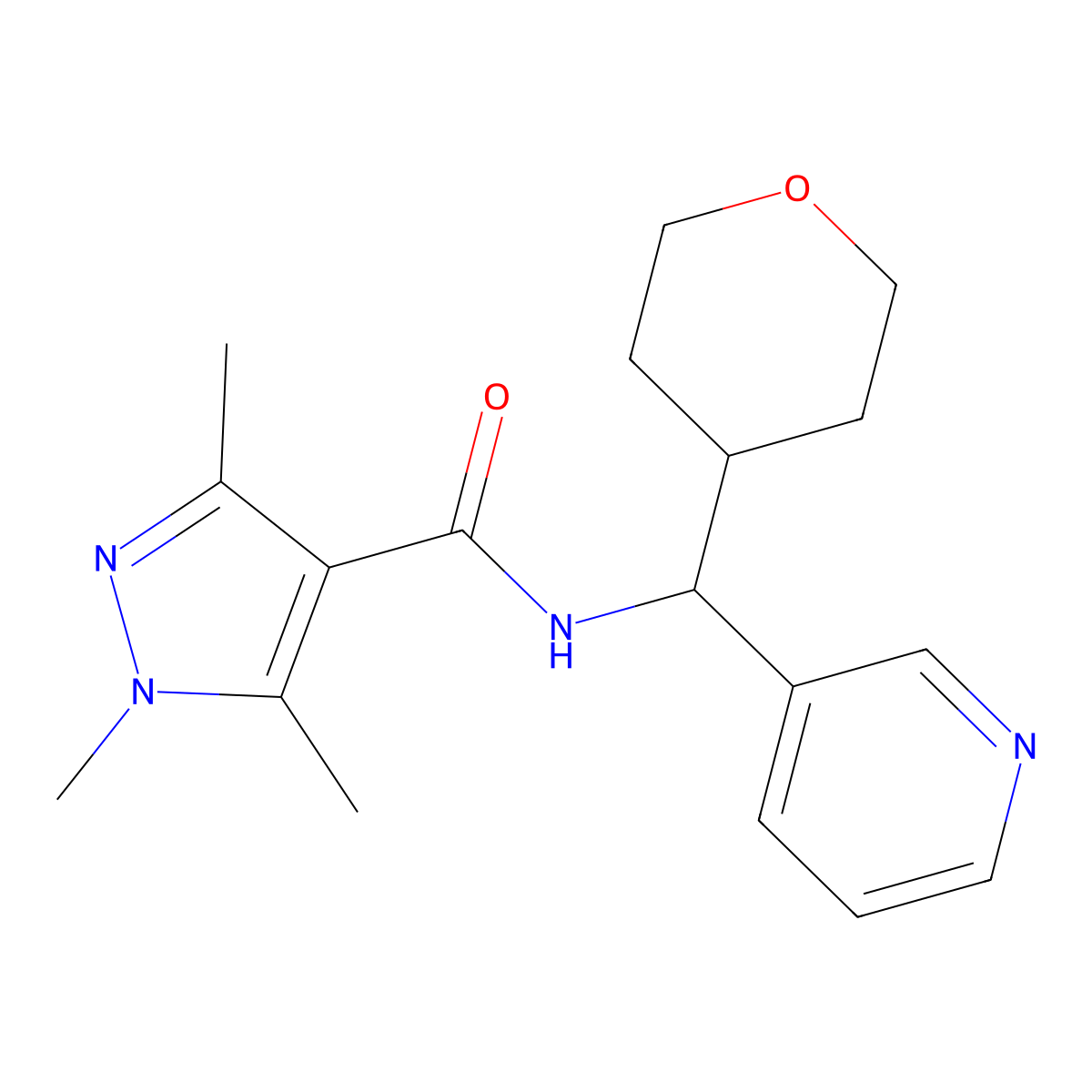 1,3,5-trimethyl-N-(pyridin-3-yl(tetrahydro-2H-pyran-4-yl)methyl)-1H-pyrazole-4-carboxamide molecular structure, CAS 2034406-97-6