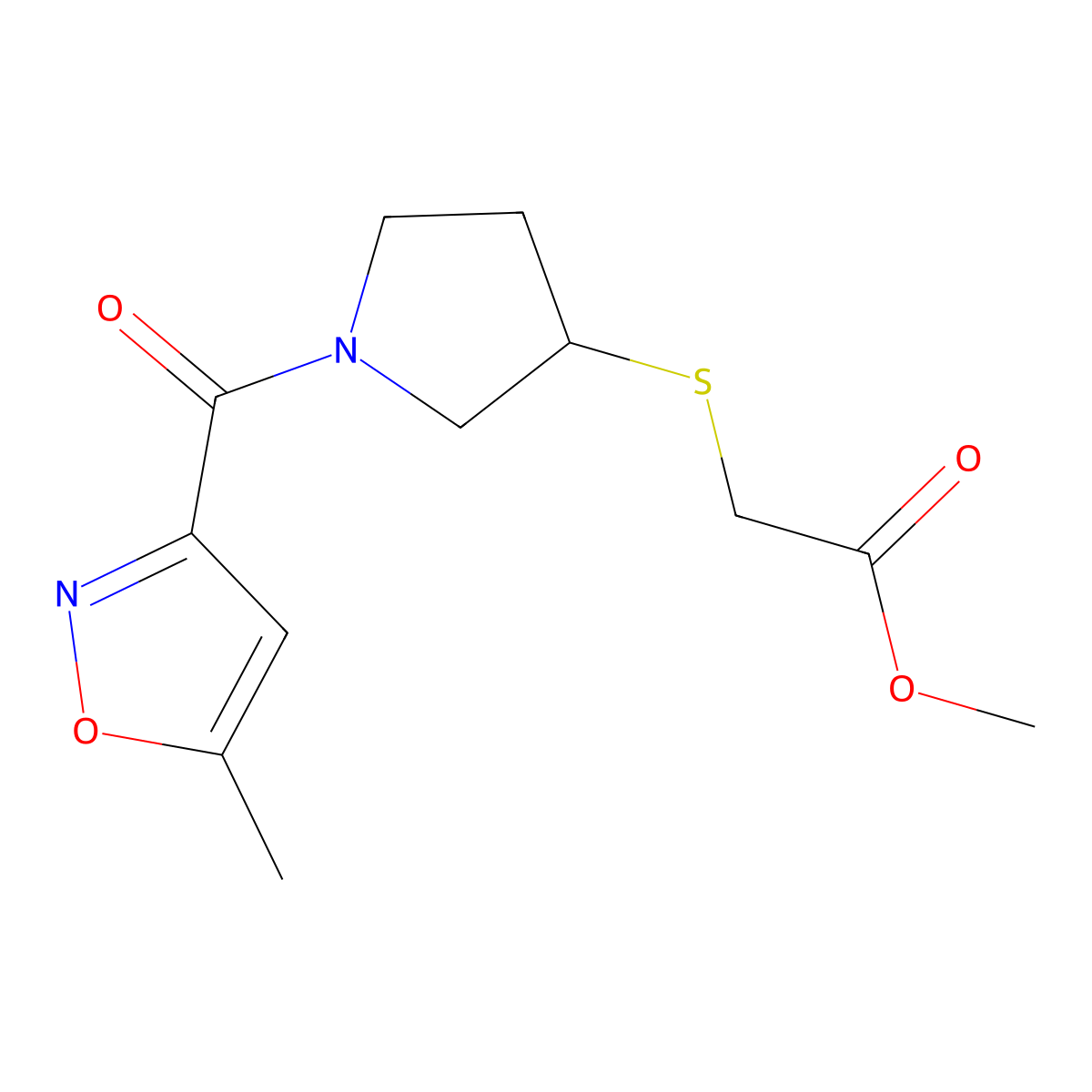Methyl 2-((1-(5-methylisoxazole-3-carbonyl)pyrrolidin-3-yl)thio)acetate molecular structure, CAS 2034406-99-8
