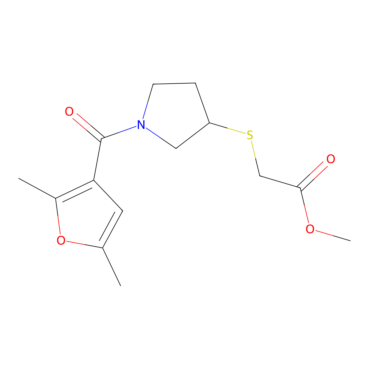 Methyl 2-((1-(2,5-dimethylfuran-3-carbonyl)pyrrolidin-3-yl)thio)acetate molecular structure, CAS 2034407-06-0
