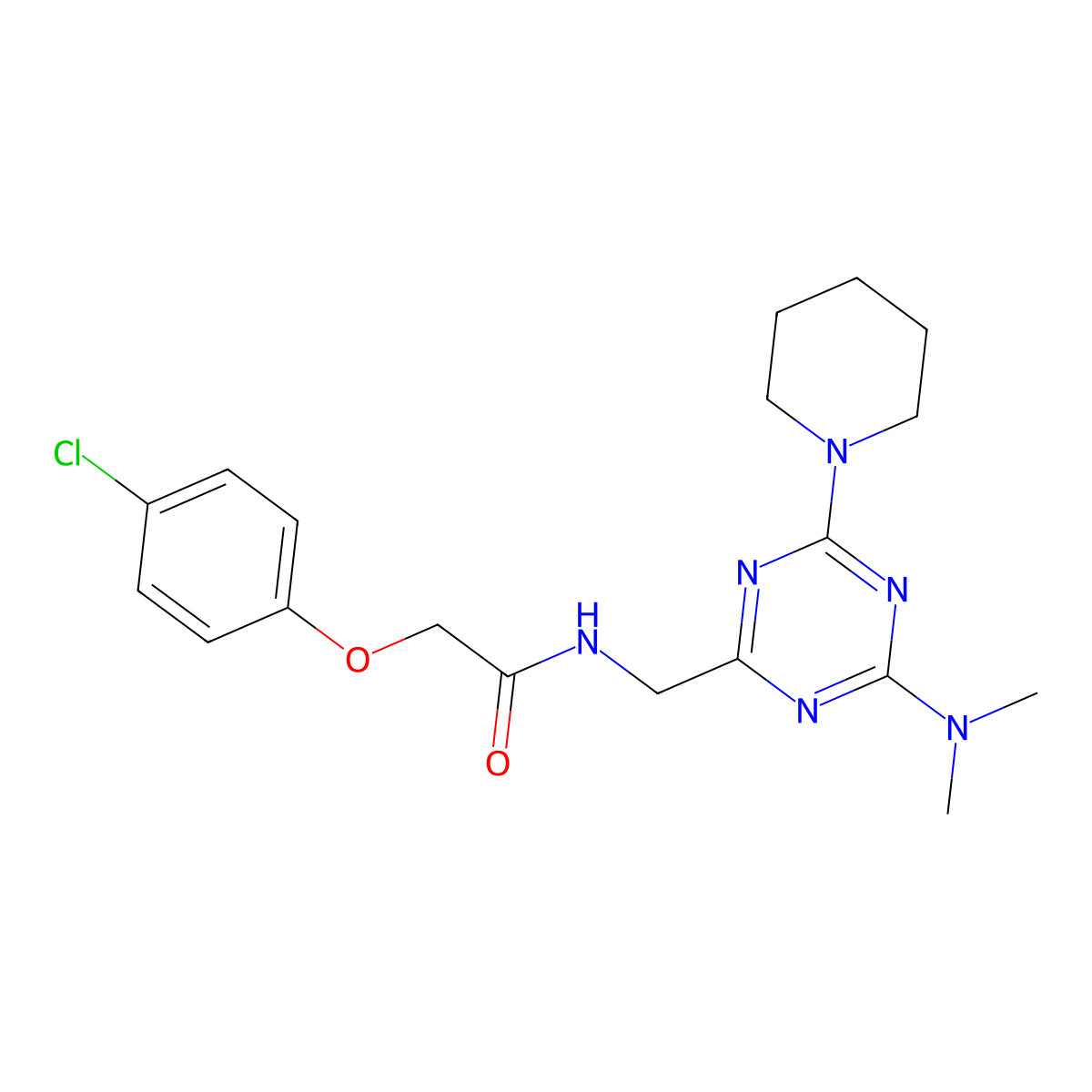 2-(4-chlorophenoxy)-N-((4-(dimethylamino)-6-(piperidin-1-yl)-1,3,5-triazin-2-yl)methyl)acetamide molecular structure, CAS 2034407-08-2