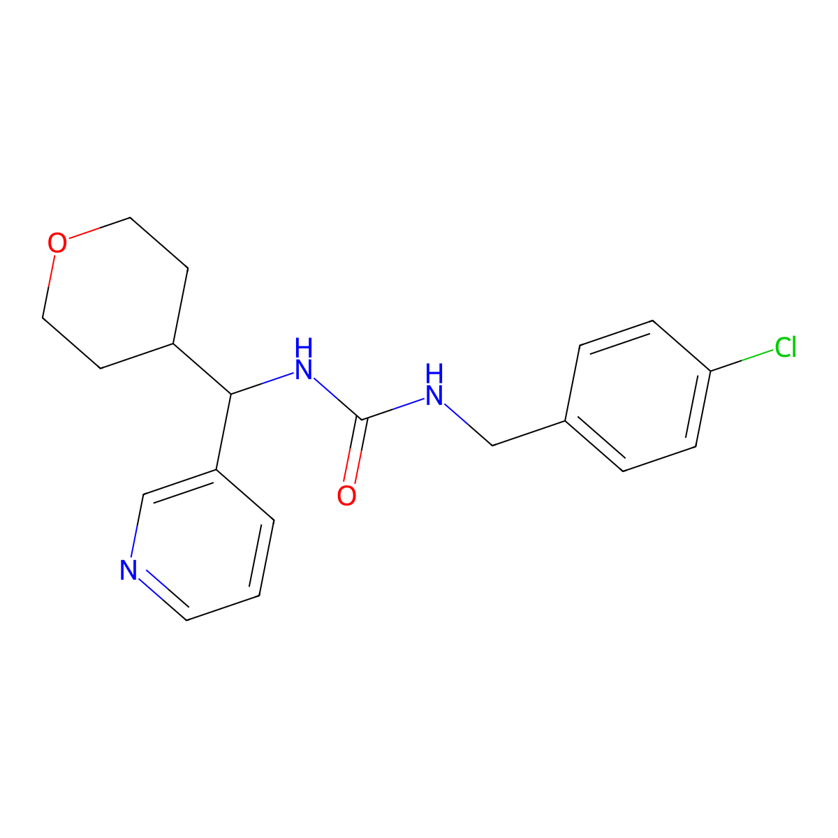 1-(4-chlorobenzyl)-3-(pyridin-3-yl(tetrahydro-2H-pyran-4-yl)methyl)urea molecular structure, CAS 2034407-09-3