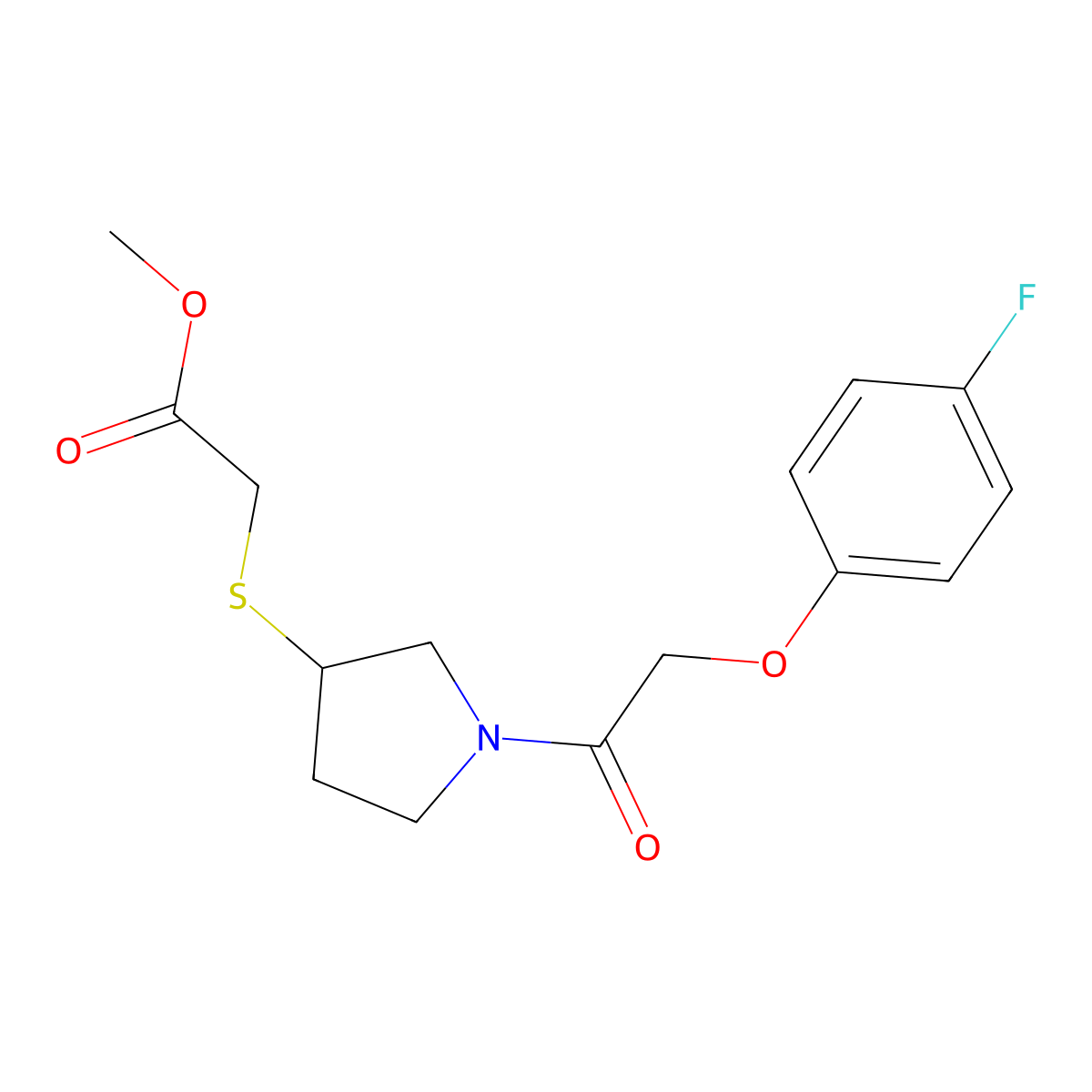 Methyl 2-((1-(2-(4-fluorophenoxy)acetyl)pyrrolidin-3-yl)thio)acetate molecular structure, CAS 2034407-10-6