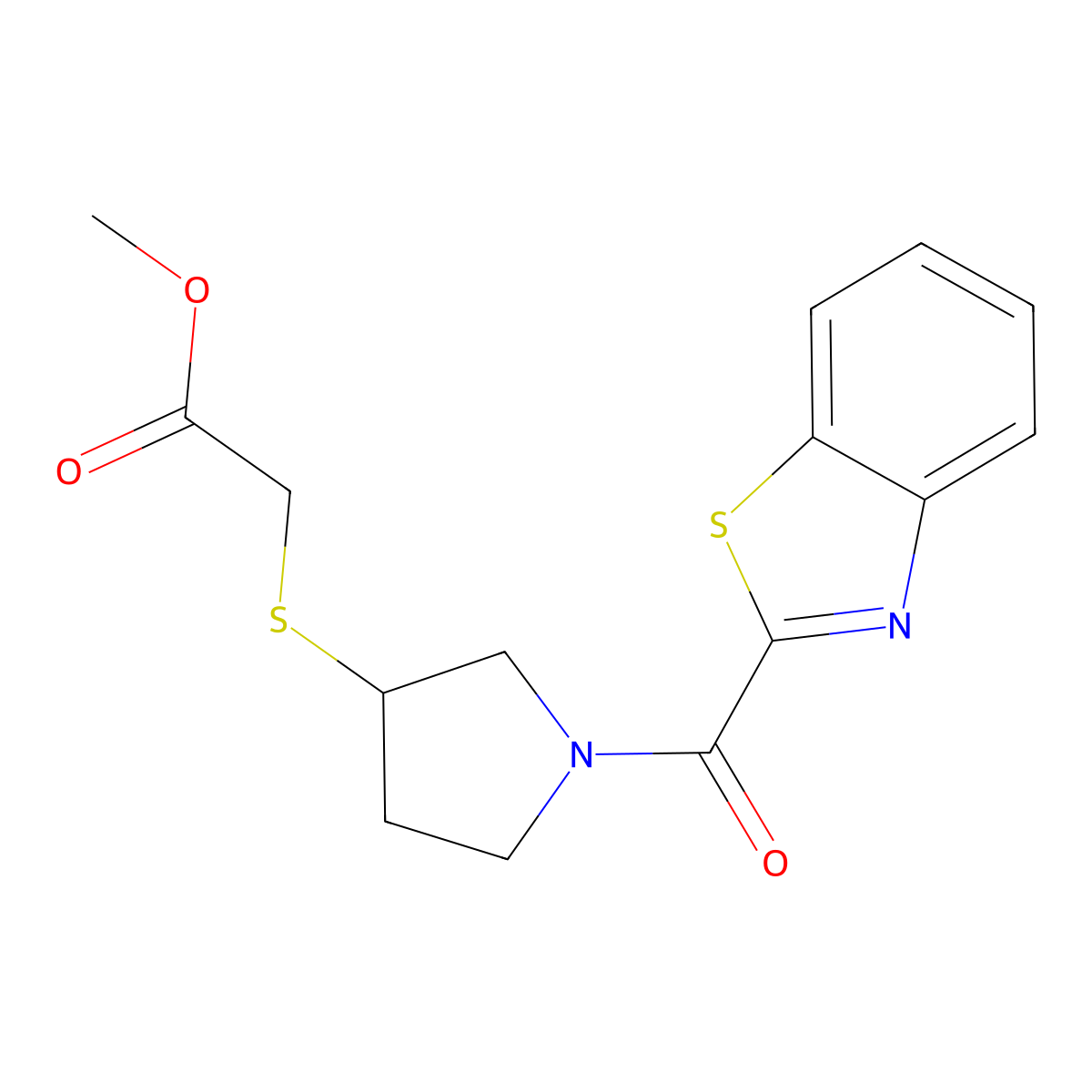 Methyl 2-((1-(benzo[d]thiazole-2-carbonyl)pyrrolidin-3-yl)thio)acetate molecular structure, CAS 2034407-15-1