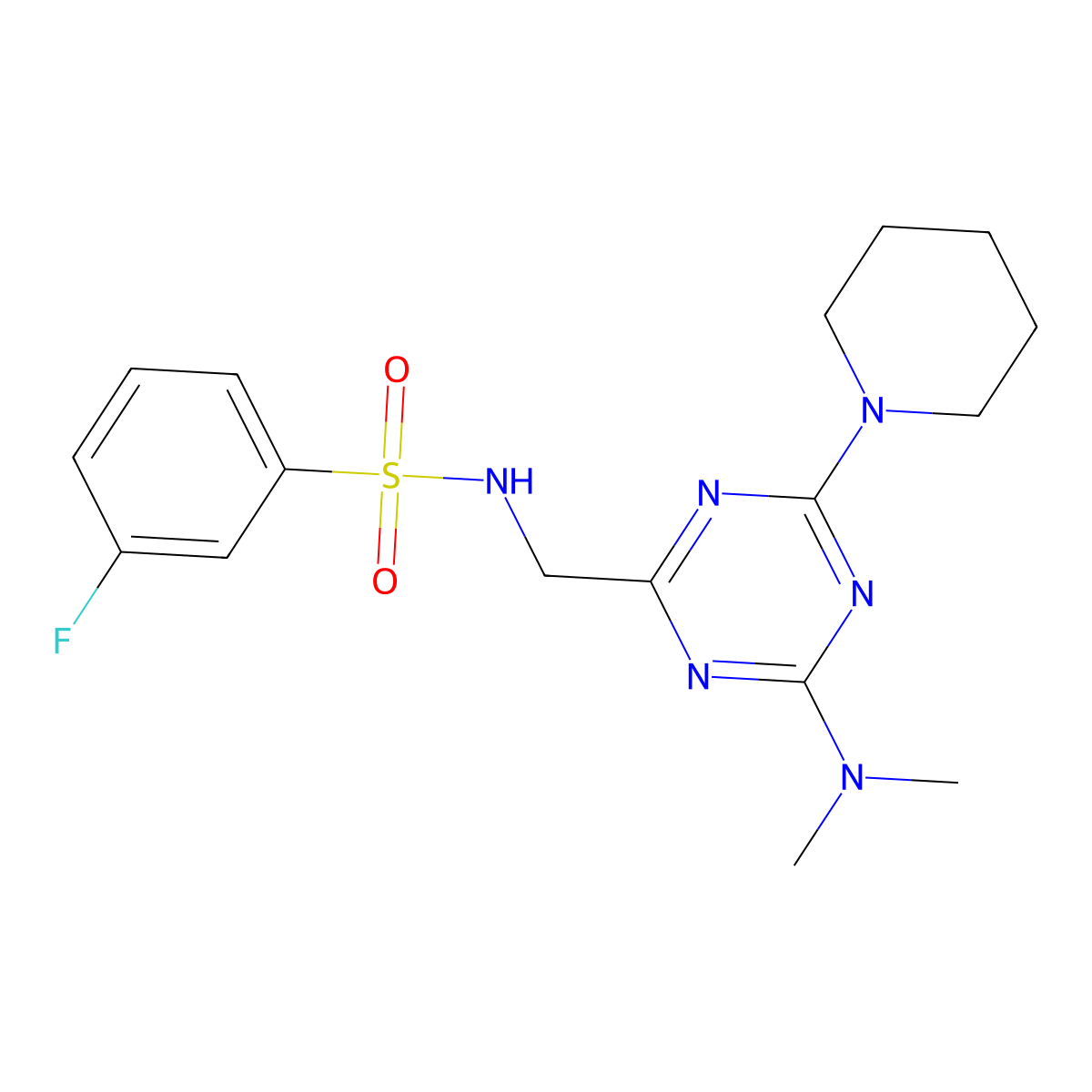 N-((4-(dimethylamino)-6-(piperidin-1-yl)-1,3,5-triazin-2-yl)methyl)-3-fluorobenzenesulfonamide molecular structure, CAS 2034407-16-2