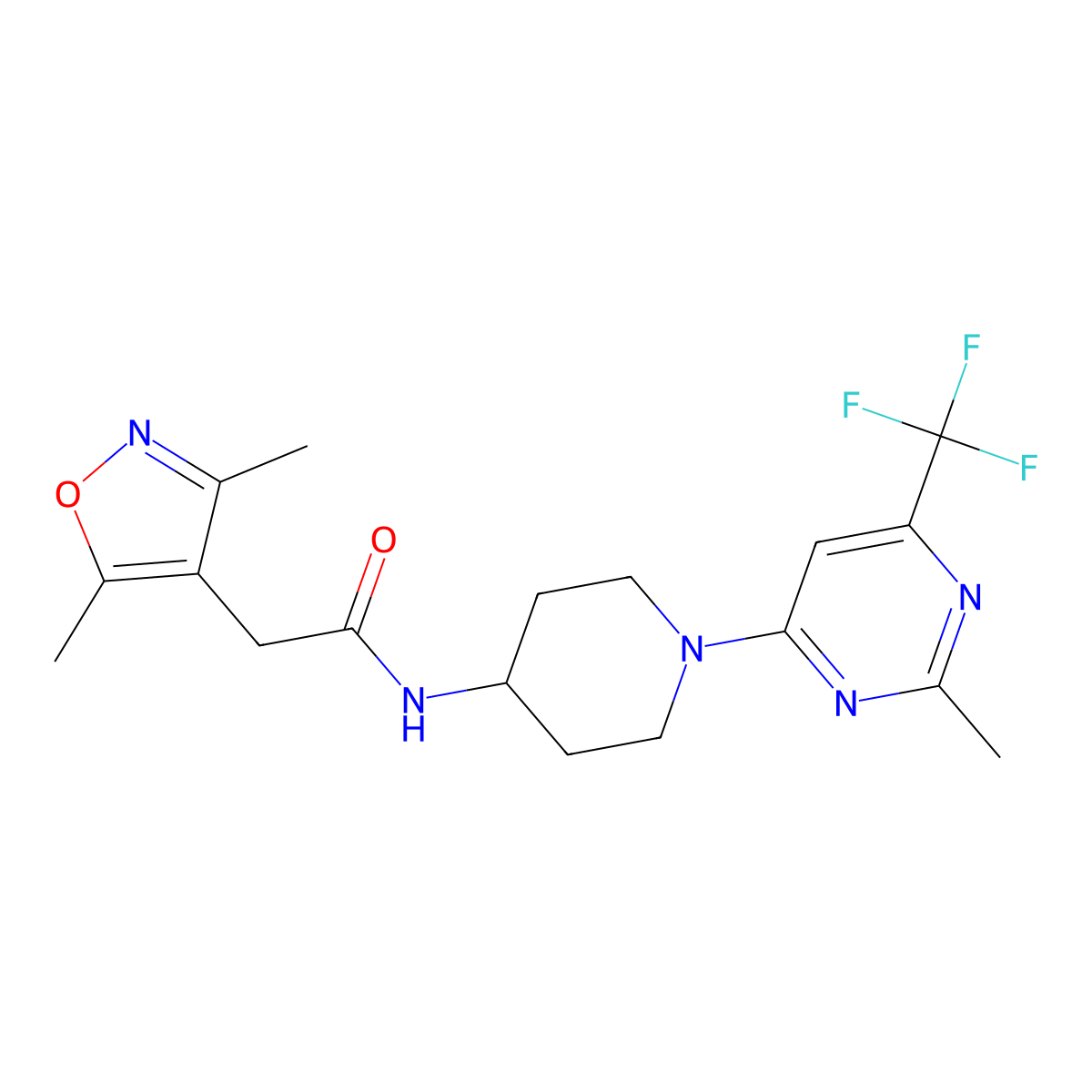 2-(3,5-dimethylisoxazol-4-yl)-N-(1-(2-methyl-6-(trifluoromethyl)pyrimidin-4-yl)piperidin-4-yl)acetamide molecular structure, CAS 2034407-28-6