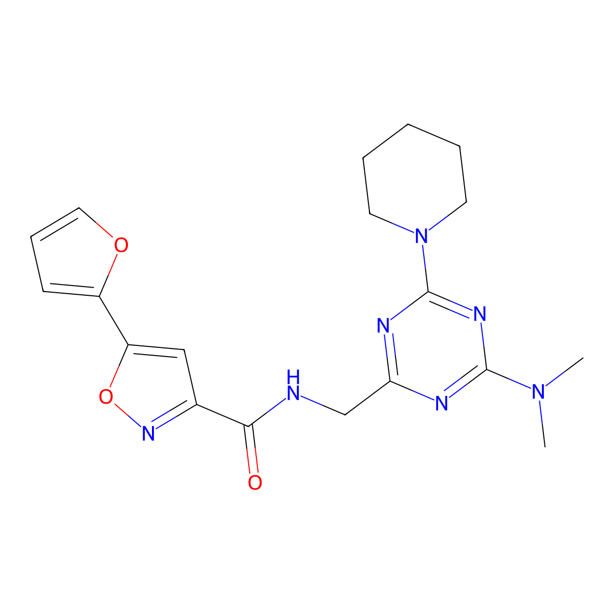 N-{[4-(dimethylamino)-6-(piperidin-1-yl)-1,3,5-triazin-2-yl]methyl}-5-(furan-2-yl)-1,2-oxazole-3-carboxamide molecular structure, CAS 2034407-29-7