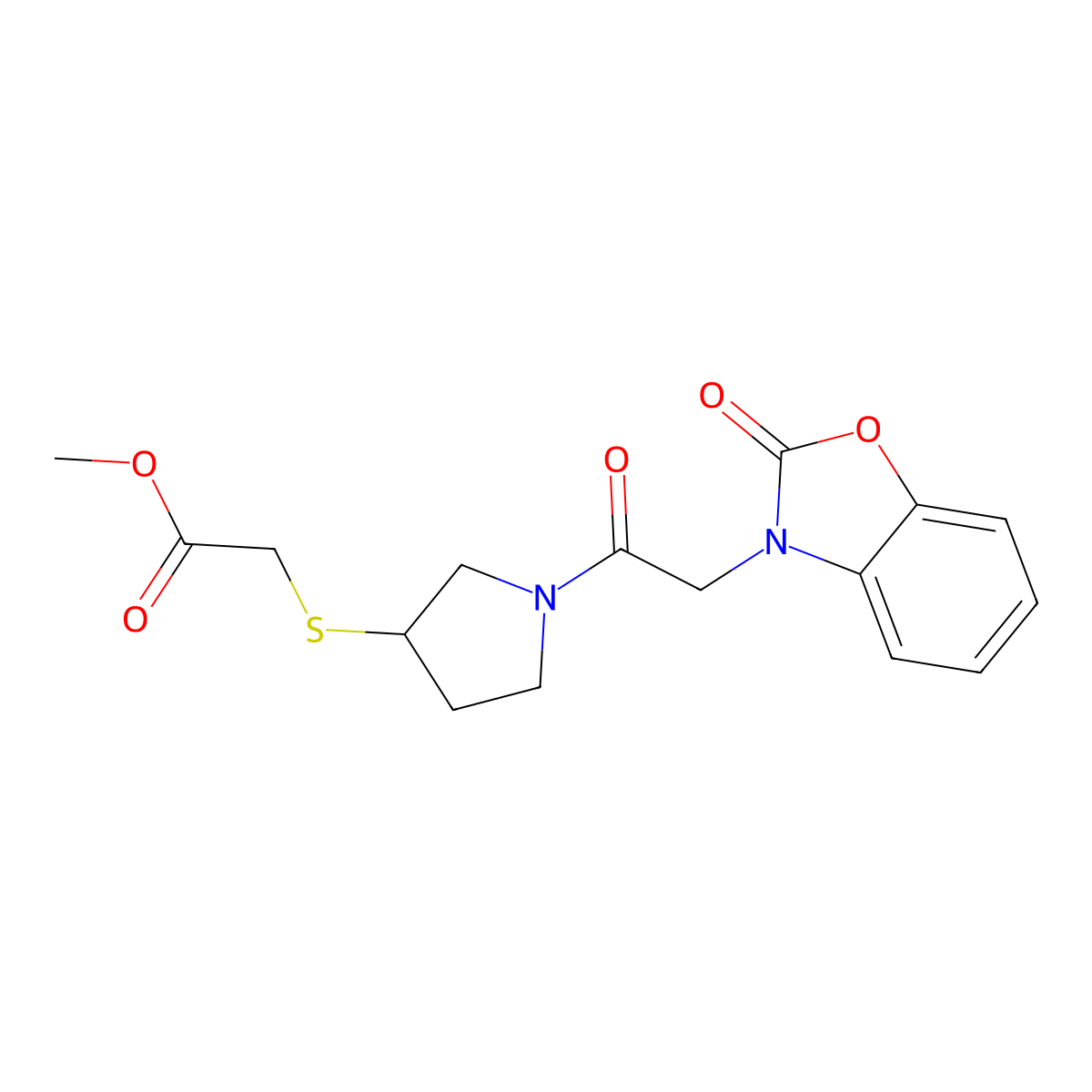 methyl 2-((1-(2-(2-oxobenzo[d]oxazol-3(2H)-yl)acetyl)pyrrolidin-3-yl)thio)acetate molecular structure, CAS 2034407-35-5