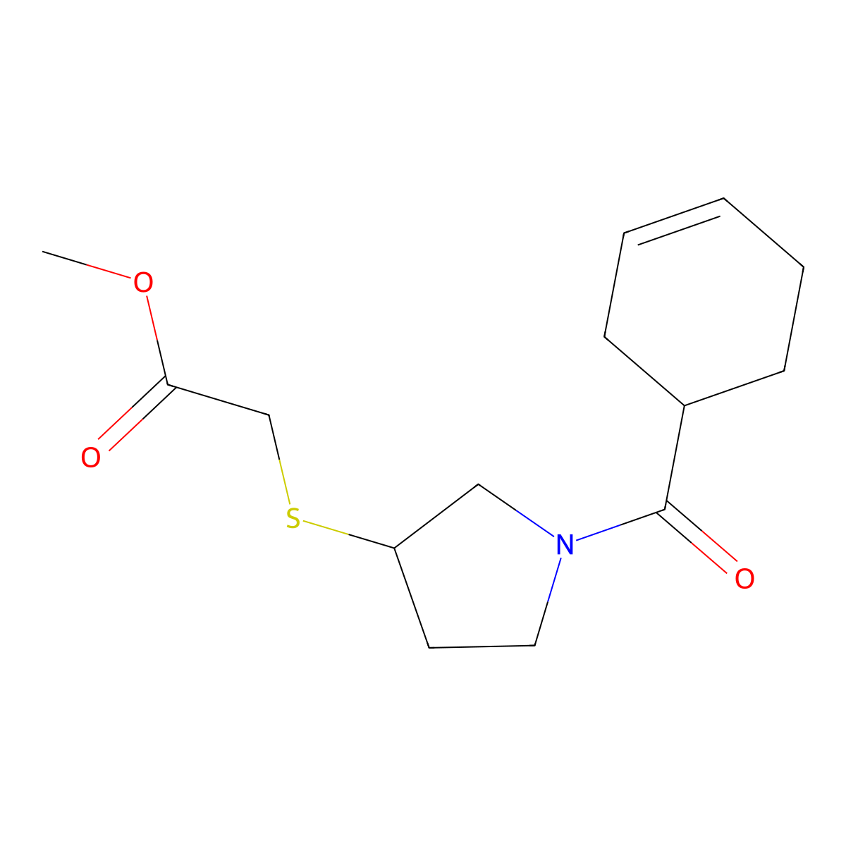 Methyl 2-((1-(cyclohex-3-enecarbonyl)pyrrolidin-3-yl)thio)acetate molecular structure, CAS 2034407-40-2