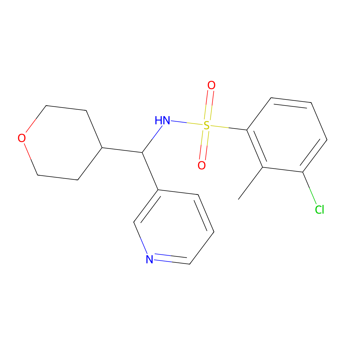 3-chloro-2-methyl-N-(pyridin-3-yl(tetrahydro-2H-pyran-4-yl)methyl)benzenesulfonamide molecular structure, CAS 2034407-41-3