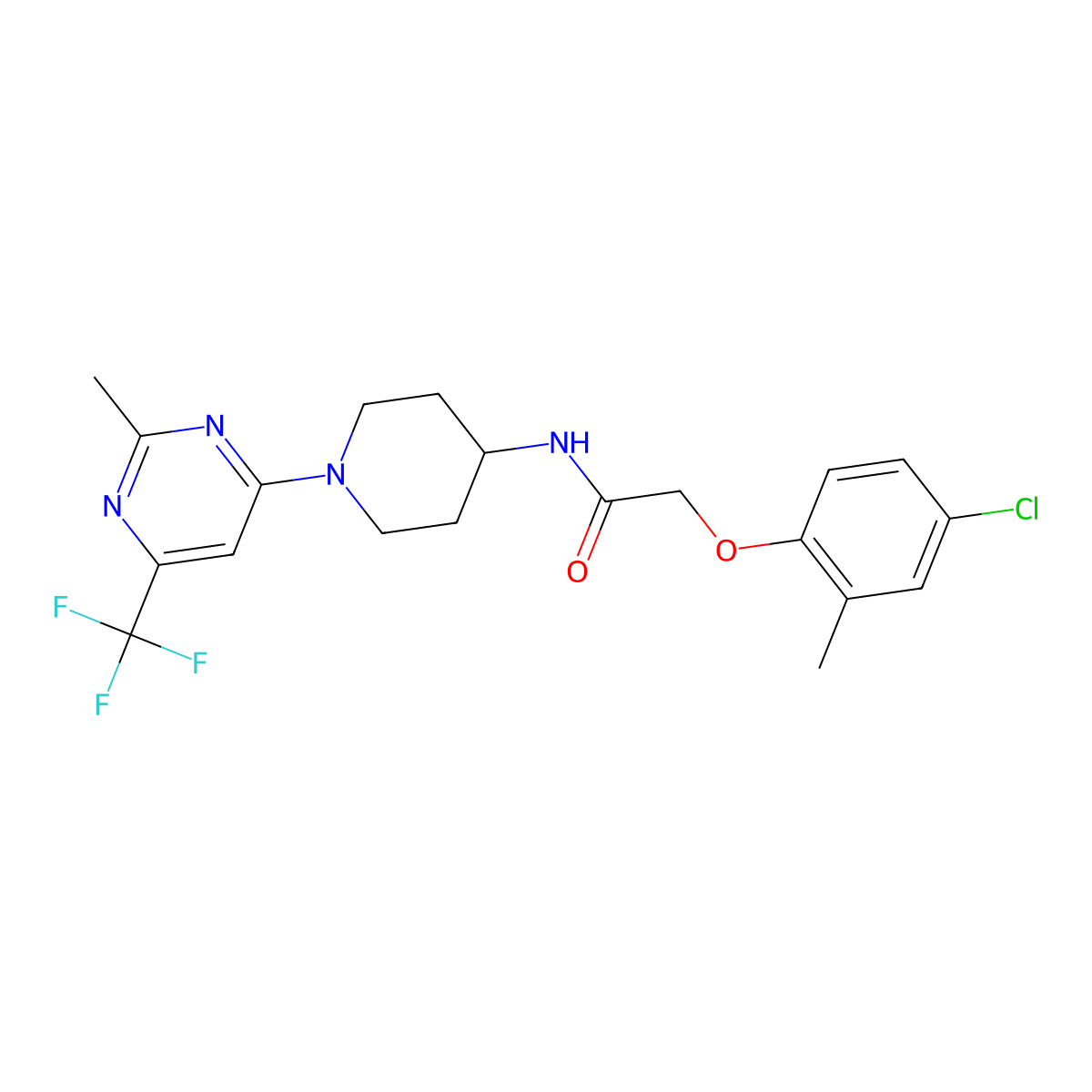 2-(4-chloro-2-methylphenoxy)-N-(1-(2-methyl-6-(trifluoromethyl)pyrimidin-4-yl)piperidin-4-yl)acetamide molecular structure, CAS 2034407-43-5