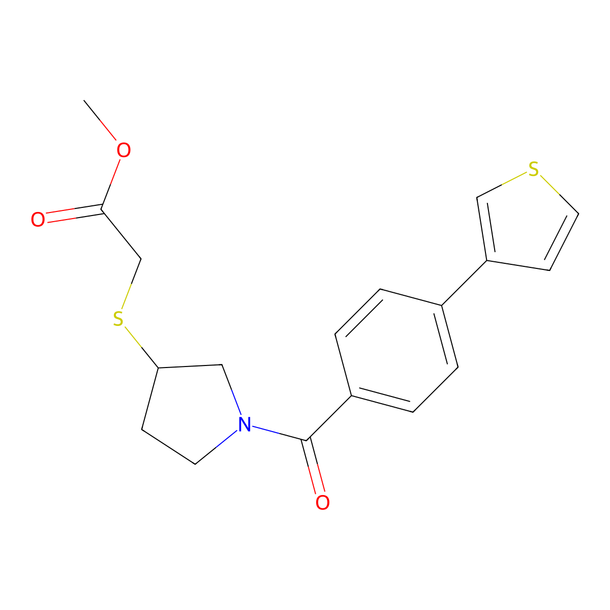 Methyl 2-((1-(4-(thiophen-3-yl)benzoyl)pyrrolidin-3-yl)thio)acetate molecular structure, CAS 2034407-44-6