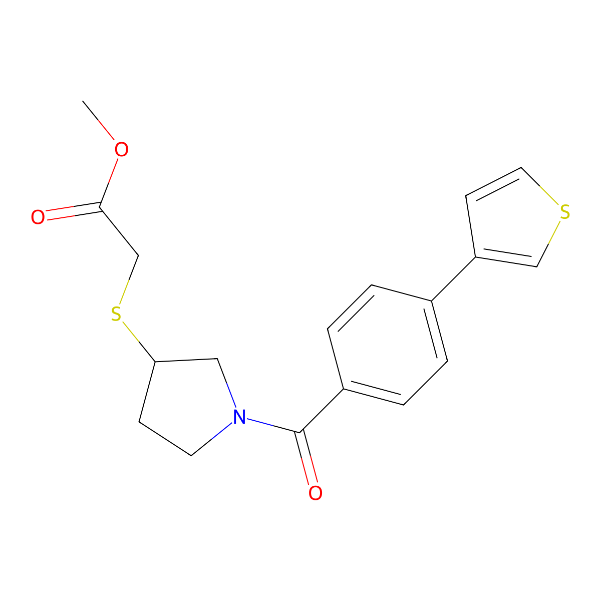 Methyl 2-((1-(4-(thiophen-3-yl)benzoyl)pyrrolidin-3-yl)thio)acetate molecular structure, CAS 2034407-44-6
